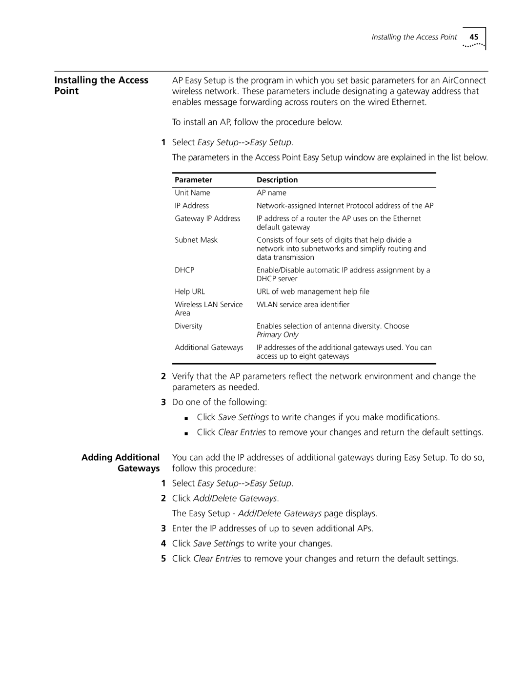 Cabletron Systems 3Com manual Select Easy Setup--Easy Setup Click Add/Delete Gateways, Parameter Description 