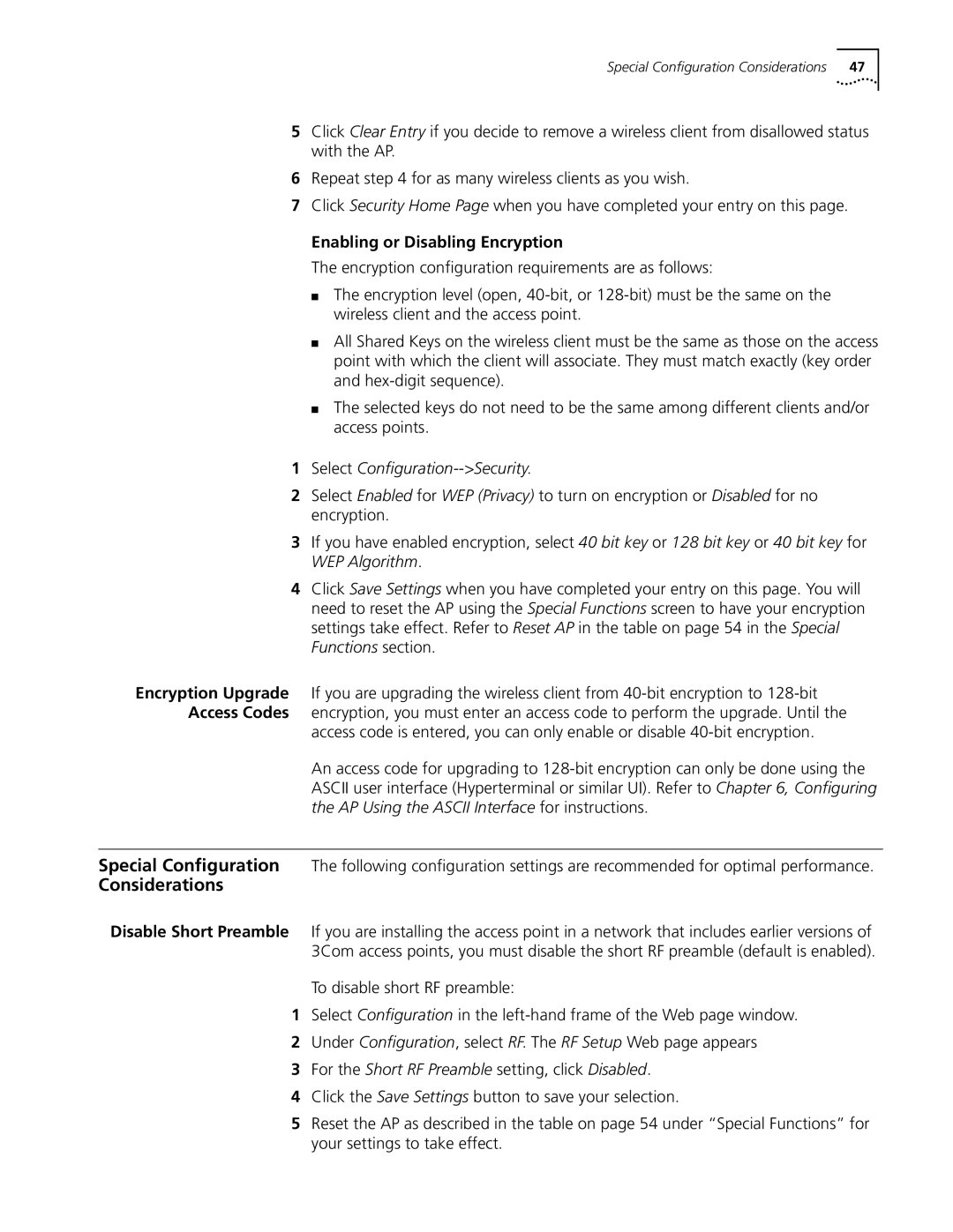 Cabletron Systems 3Com manual Considerations, Enabling or Disabling Encryption, Select Conﬁguration--Security 