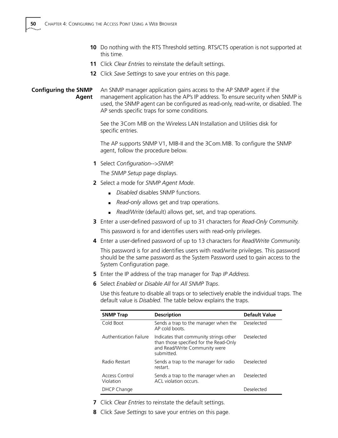 Cabletron Systems 3Com manual Select Enabled or Disable All for All Snmp Traps, Snmp Trap Description Default Value 