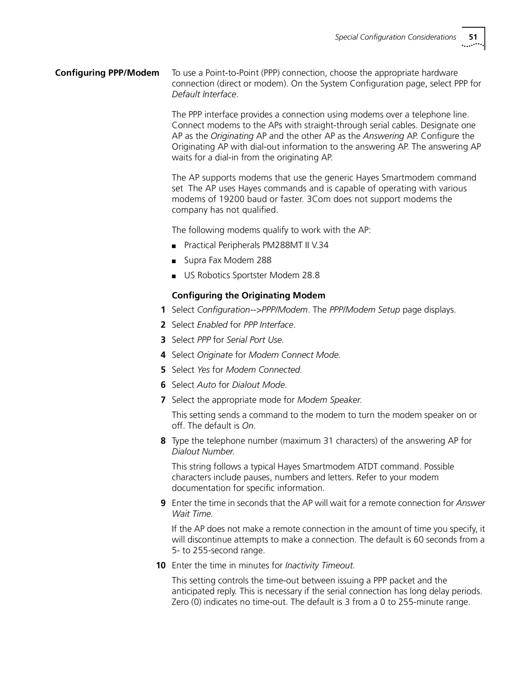 Cabletron Systems 3Com manual Conﬁguring the Originating Modem 