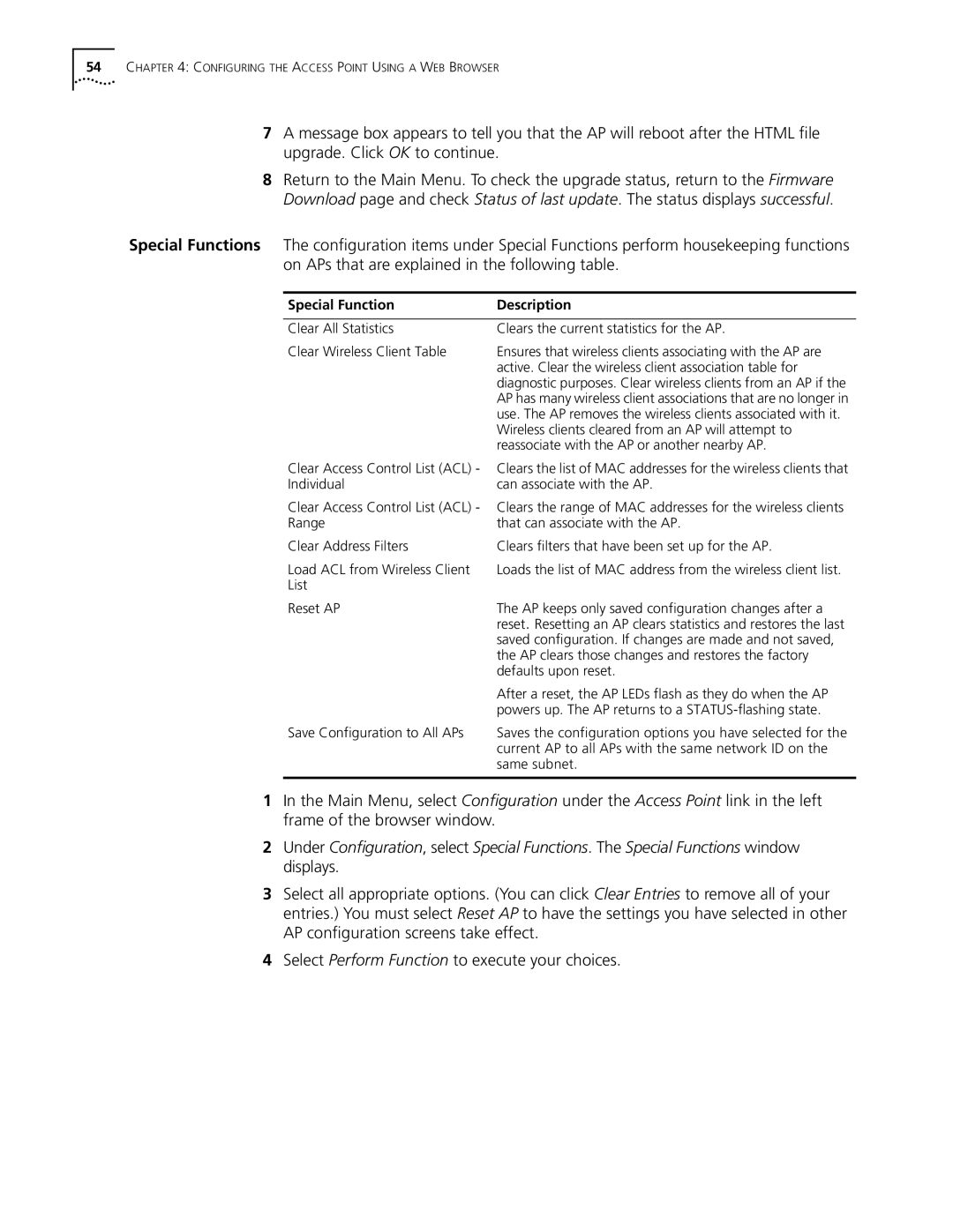 Cabletron Systems 3Com manual Special Function Description, Active. Clear the wireless client association table for 