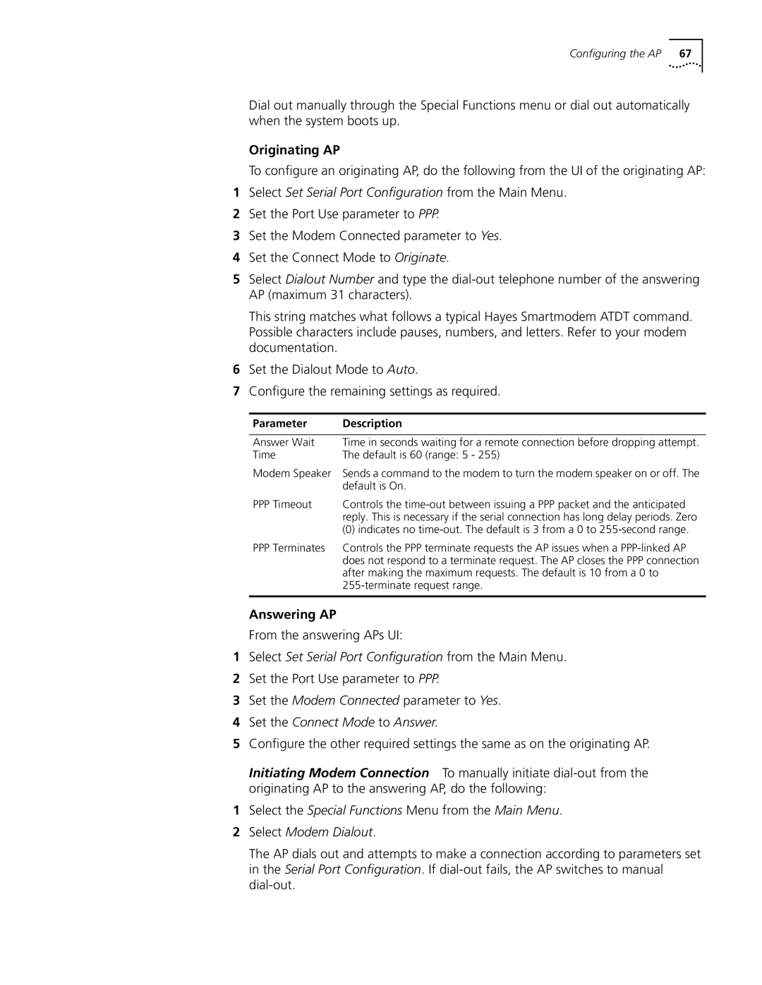 Cabletron Systems 3Com manual Originating AP, Answering AP, From the answering APs UI, Set the Connect Mode to Answer 