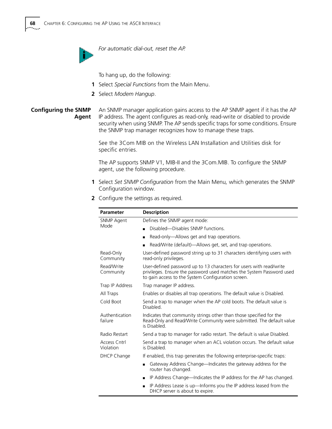 Cabletron Systems 3Com manual For automatic dial-out, reset the AP, Select Modem Hangup 