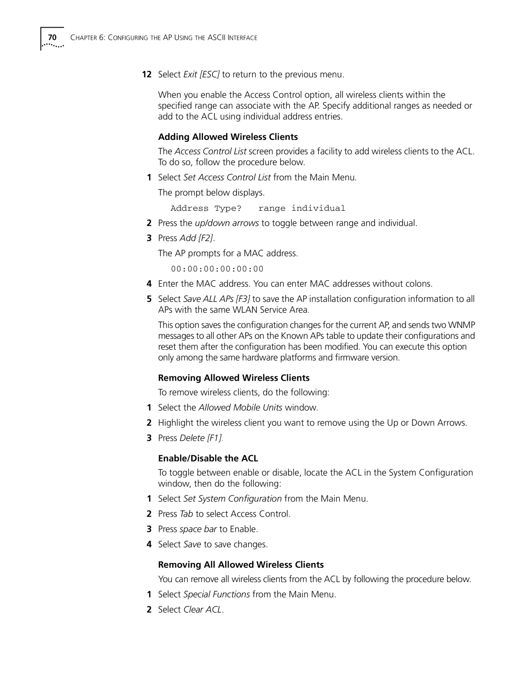 Cabletron Systems 3Com Removing Allowed Wireless Clients, Enable/Disable the ACL, Removing All Allowed Wireless Clients 