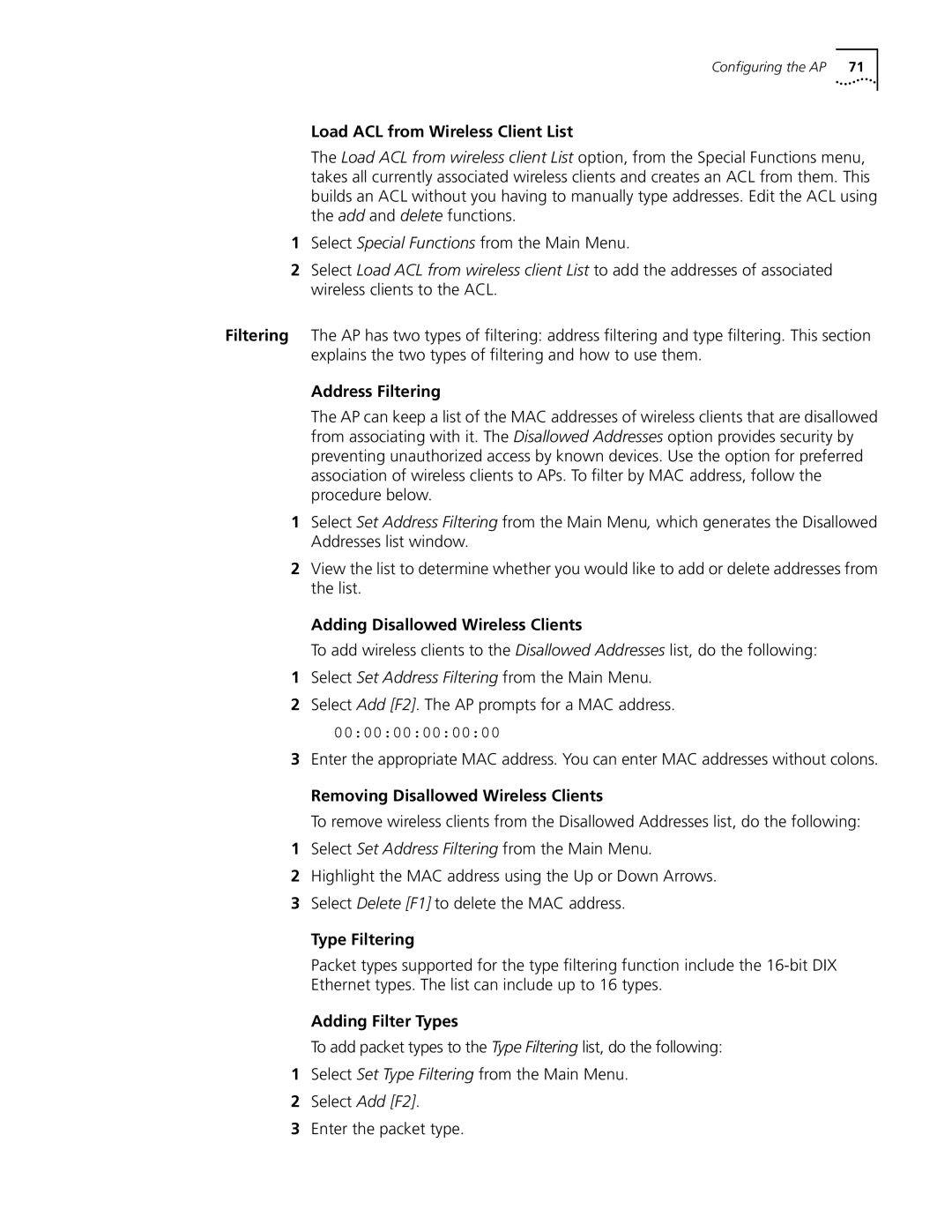 Cabletron Systems 3Com manual Load ACL from Wireless Client List, Address Filtering, Adding Disallowed Wireless Clients 