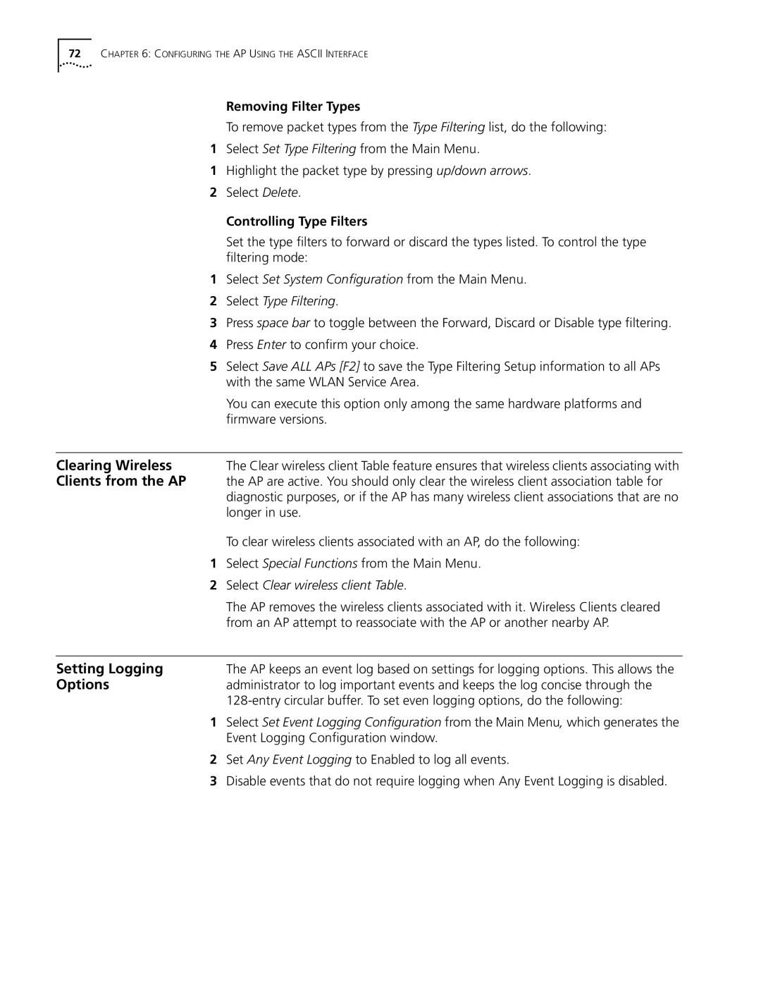 Cabletron Systems 3Com manual Clearing Wireless, Clients from the AP, Setting Logging, Options 