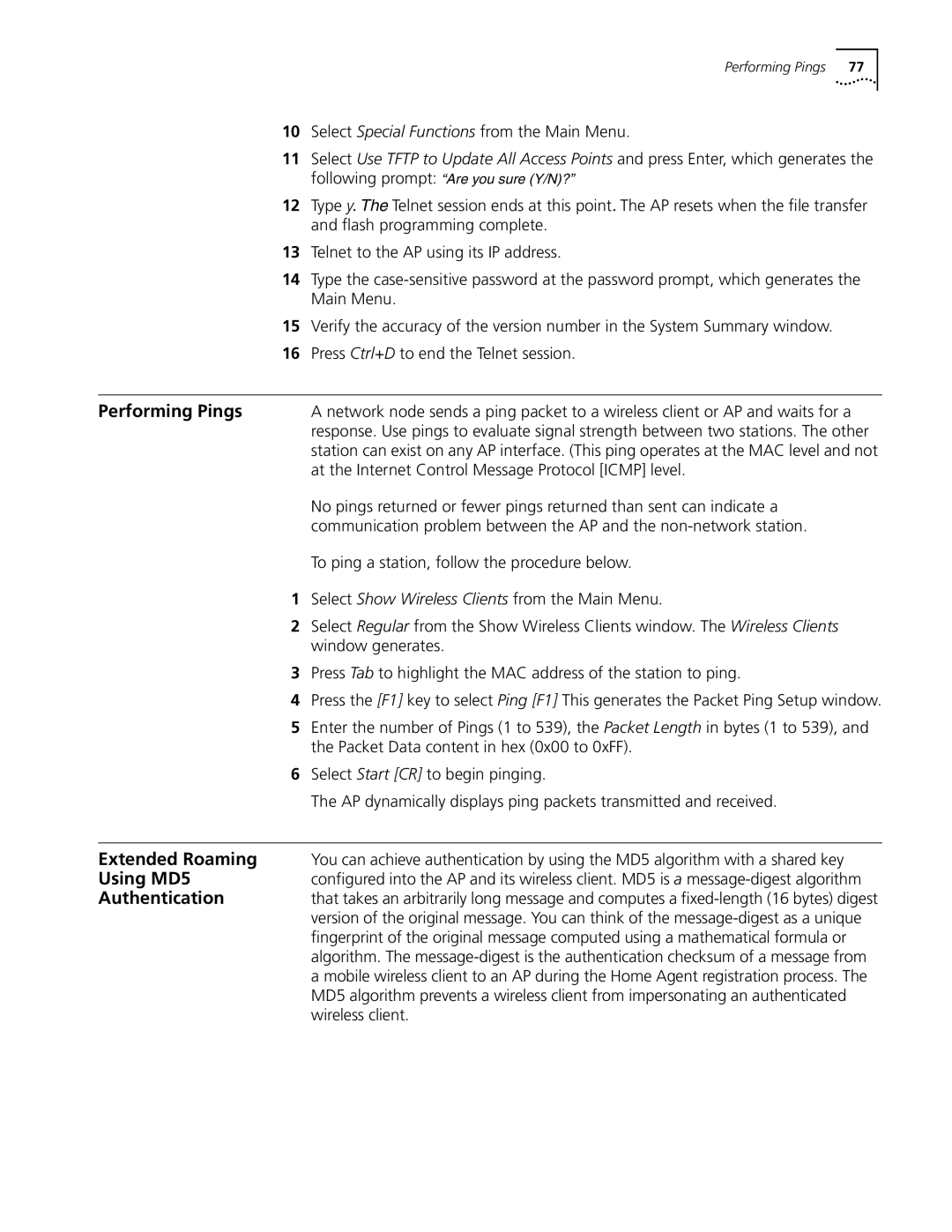 Cabletron Systems 3Com manual Performing Pings, Extended Roaming, Using MD5, Authentication 