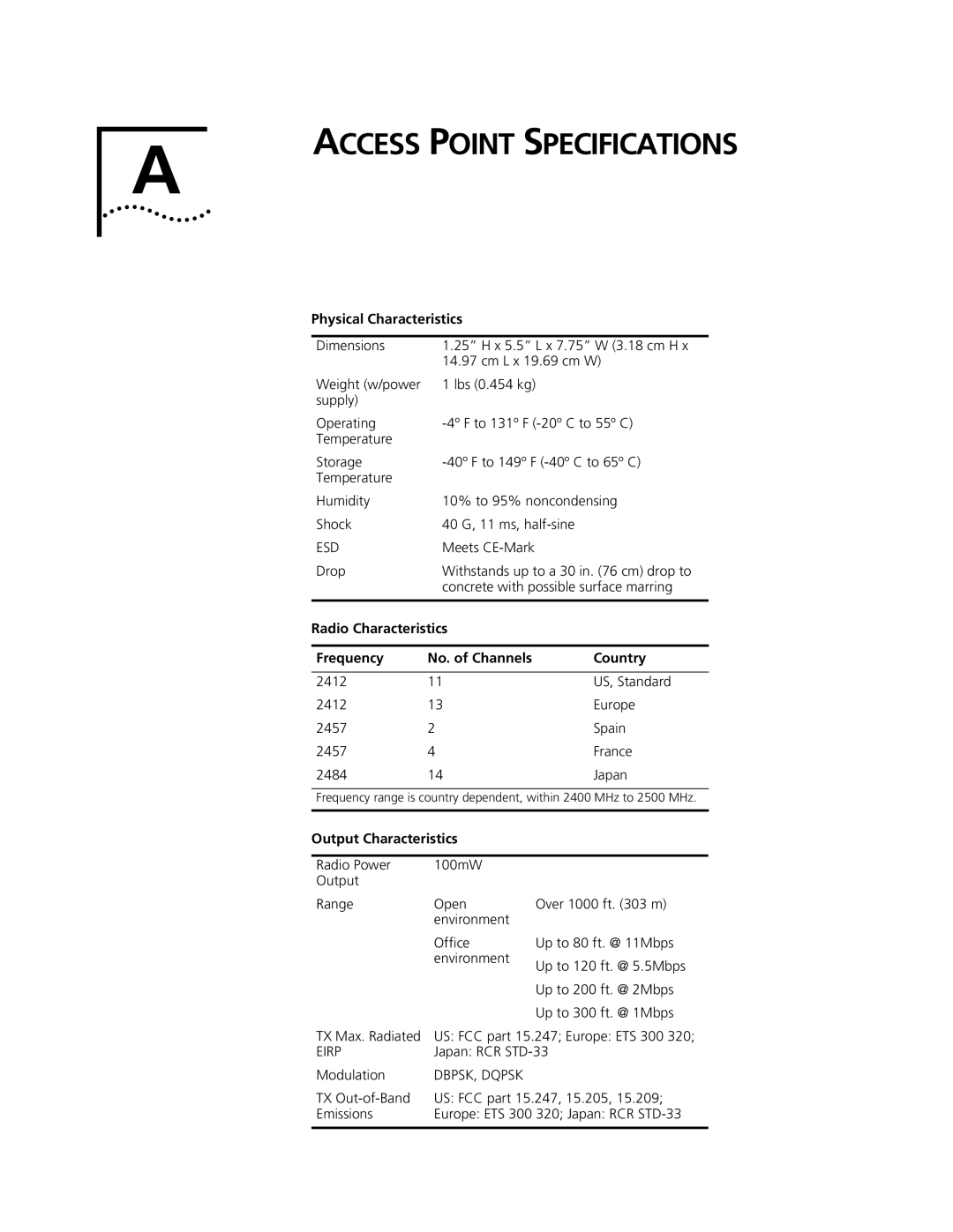 Cabletron Systems 3Com manual Access Point Specifications, Physical Characteristics, Output Characteristics 