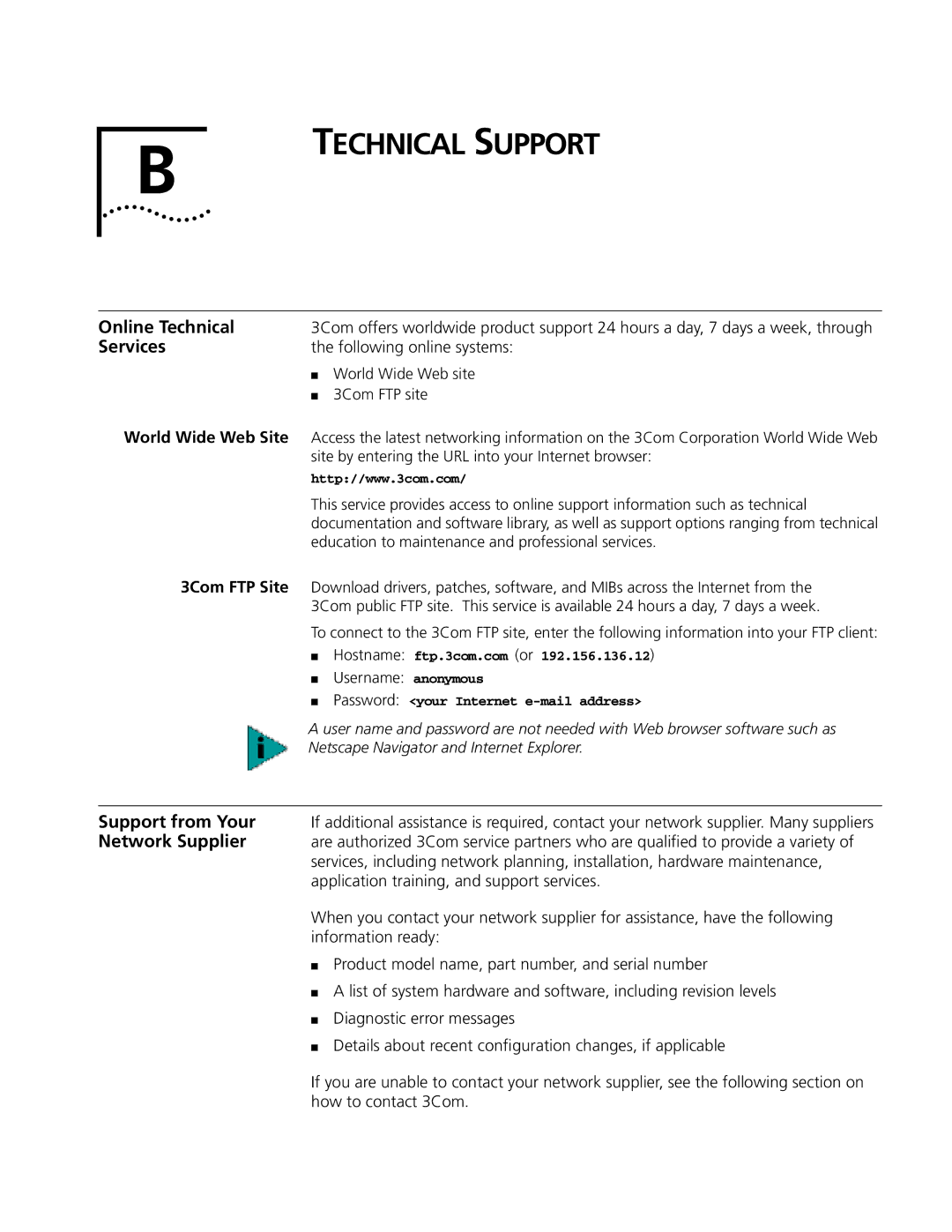 Cabletron Systems manual Technical Support, Online Technical, Services, World Wide Web Site, 3Com FTP Site 