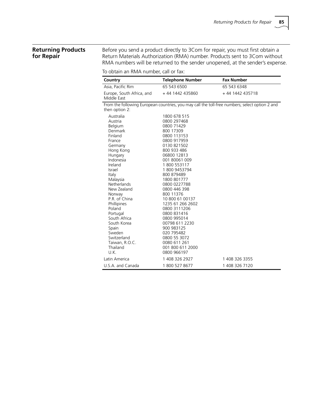 Cabletron Systems 3Com manual To obtain an RMA number, call or fax 