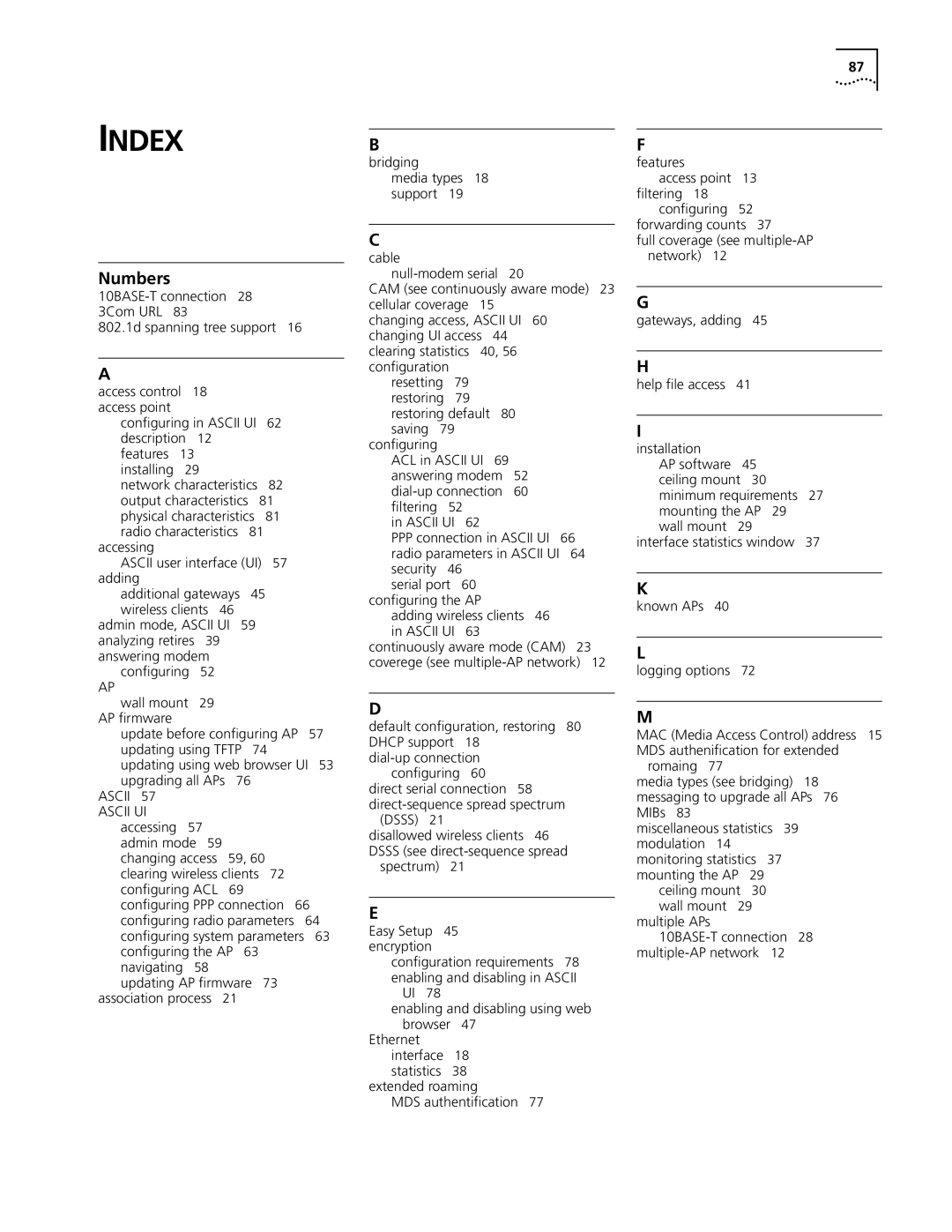 Cabletron Systems 3Com manual Index, Ascii 