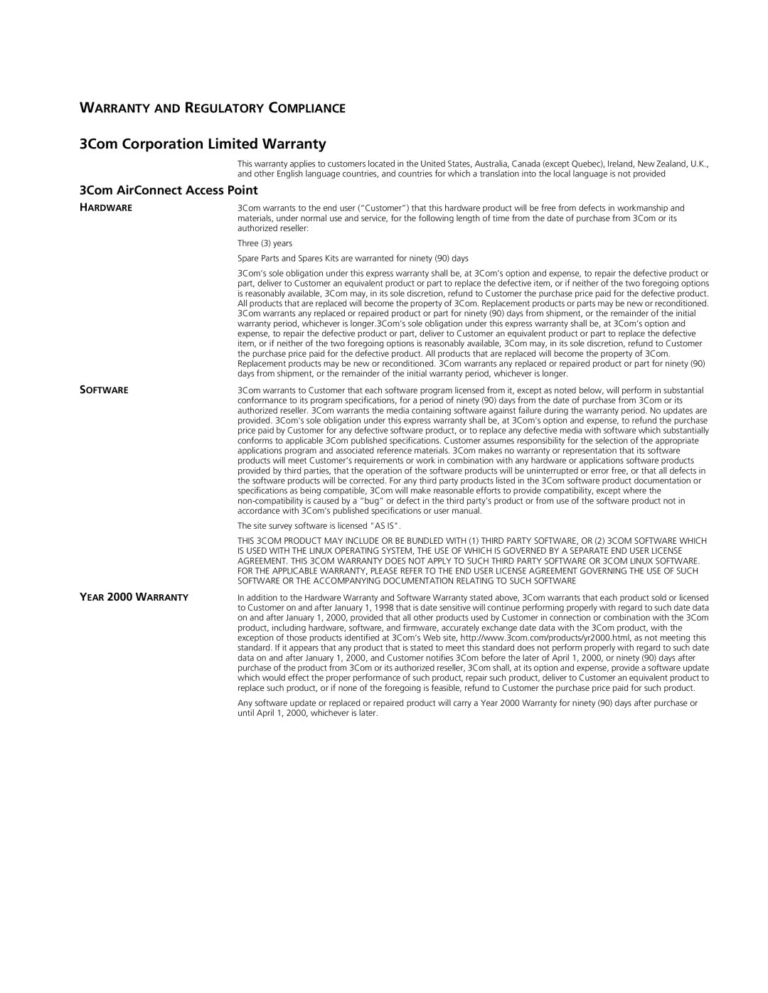 Cabletron Systems manual 3Com Corporation Limited Warranty, 3Com AirConnect Access Point 