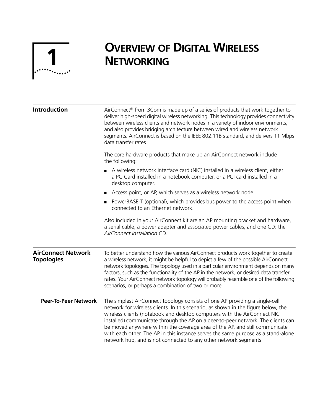 Cabletron Systems 3Com manual Overview of Digital Wireless Networking, Introduction, AirConnect Network, Topologies 