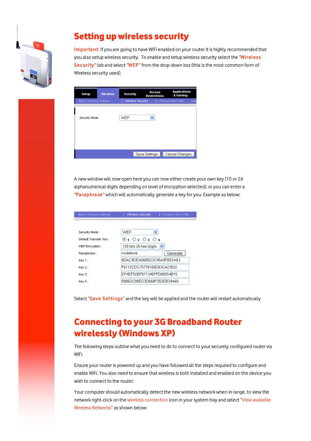 Cabletron Systems manual Setting up wireless security, Connecting to your 3G Broadband Router wirelessly Windows XP 