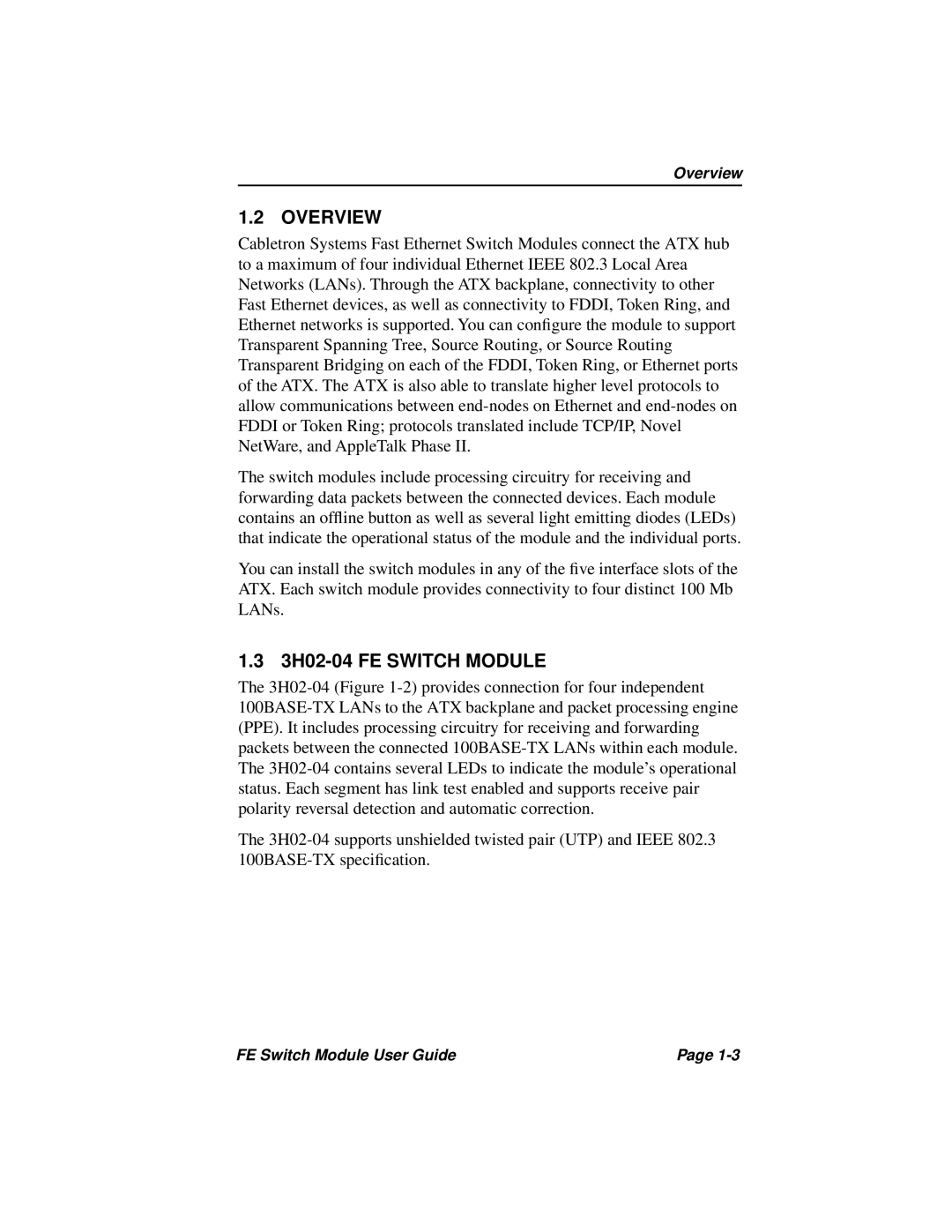 Cabletron Systems 3H08-04 manual Overview, 3H02-04 FE Switch Module 