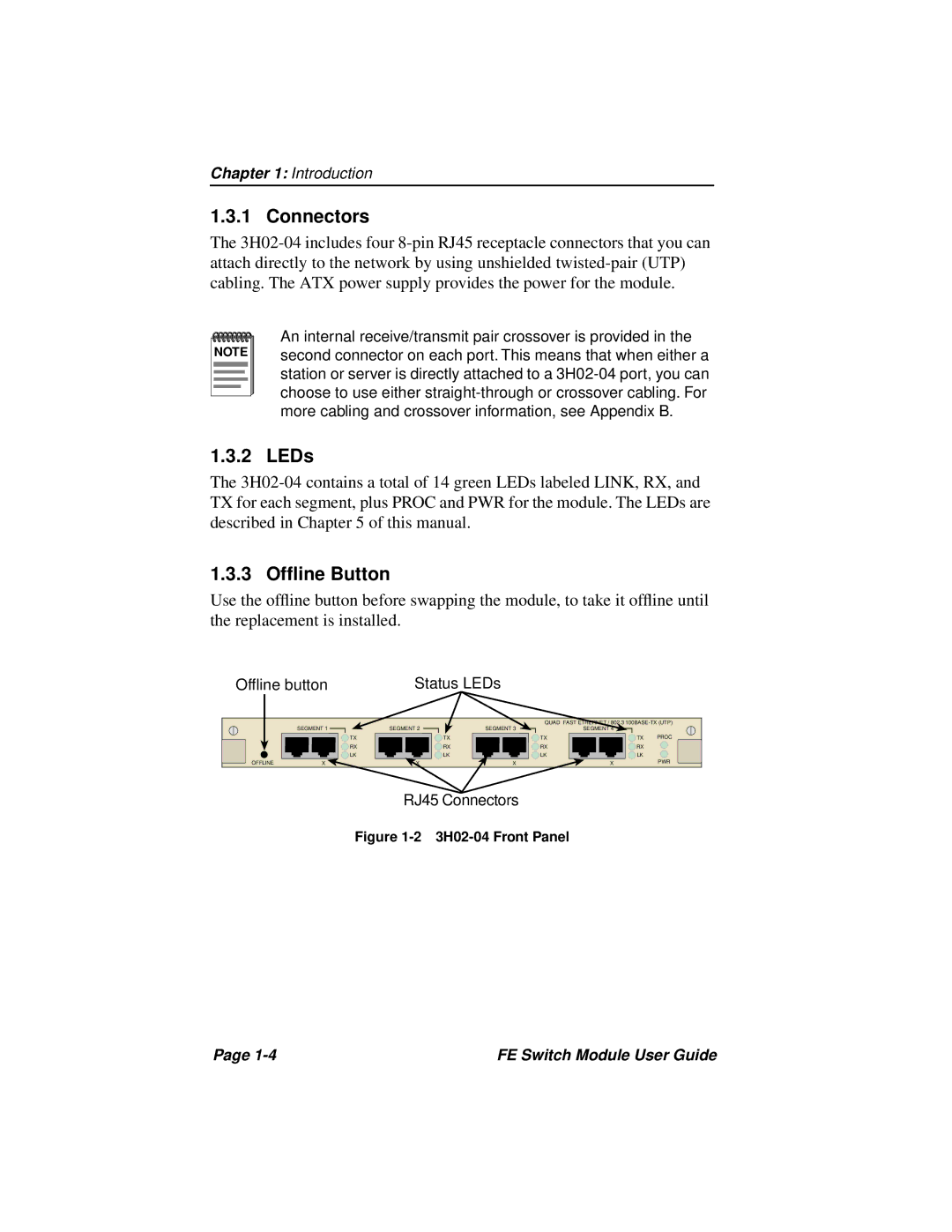 Cabletron Systems 3H02-04, 3H08-04 manual Connectors, LEDs, 3 Ofﬂine Button 