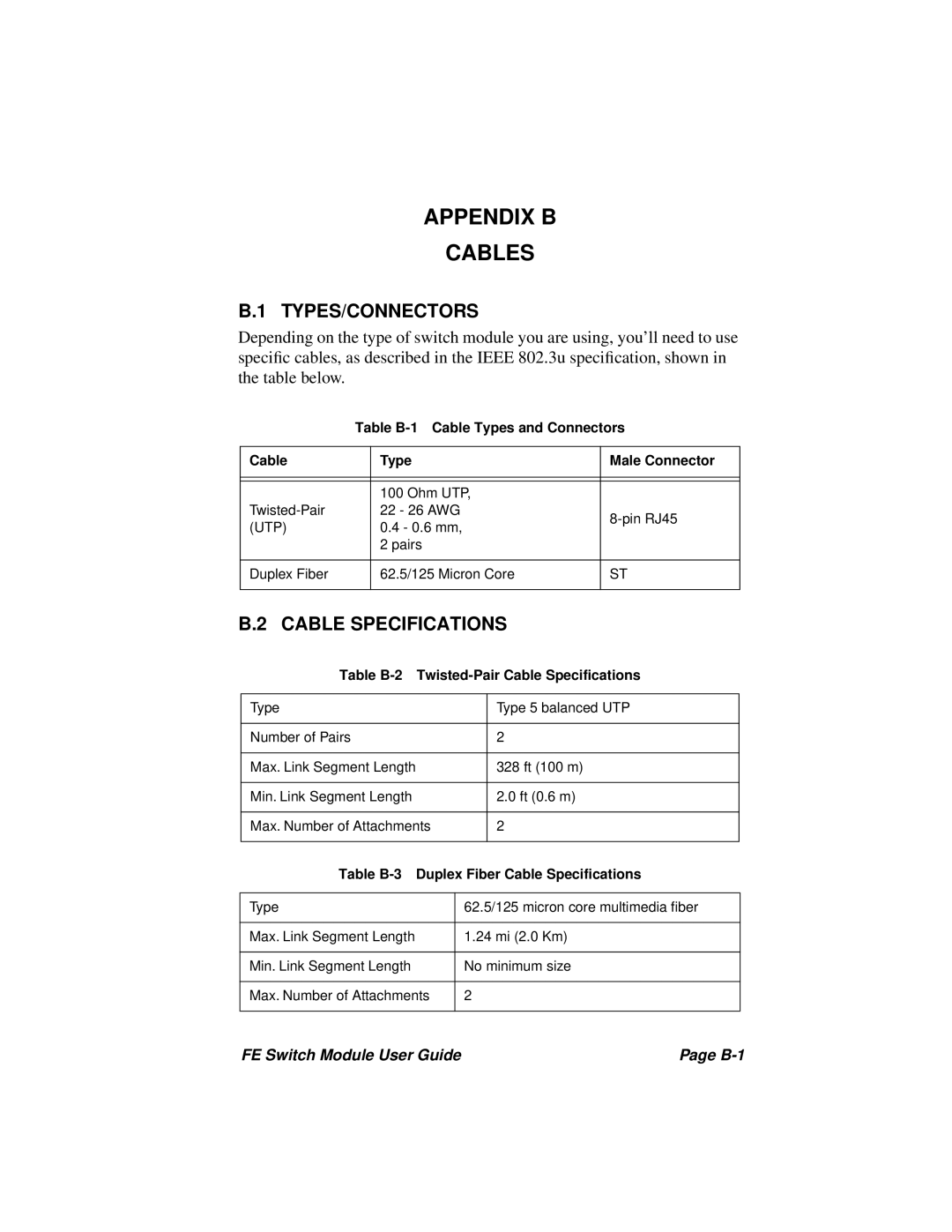 Cabletron Systems 3H08-04, 3H02-04 manual Appendix B Cables, Types/Connectors, Cable Specifications 