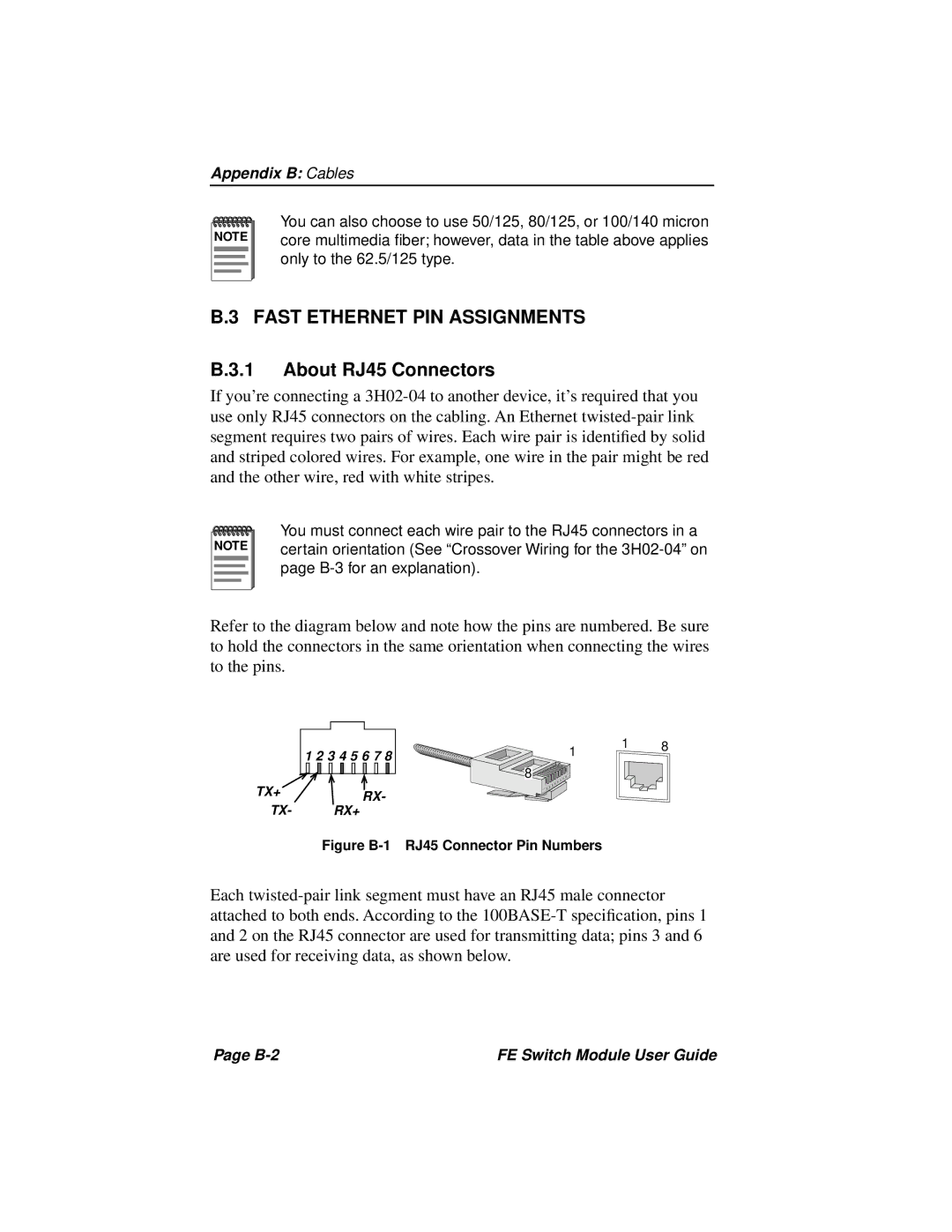 Cabletron Systems 3H02-04, 3H08-04 manual Fast Ethernet PIN Assignments, About RJ45 Connectors 