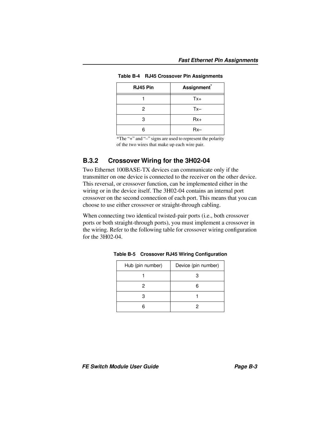 Cabletron Systems 3H08-04 manual Crossover Wiring for the 3H02-04, Fast Ethernet Pin Assignments 