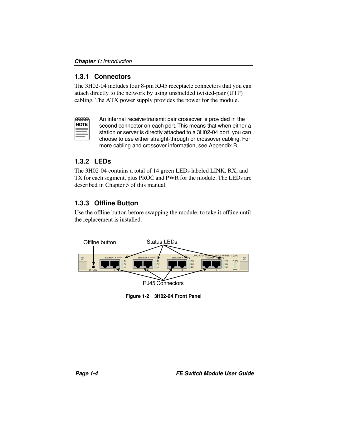 Cabletron Systems 3H02-04, 3H08-04 manual Connectors, LEDs, 1.3.3 Ofﬂine Button 