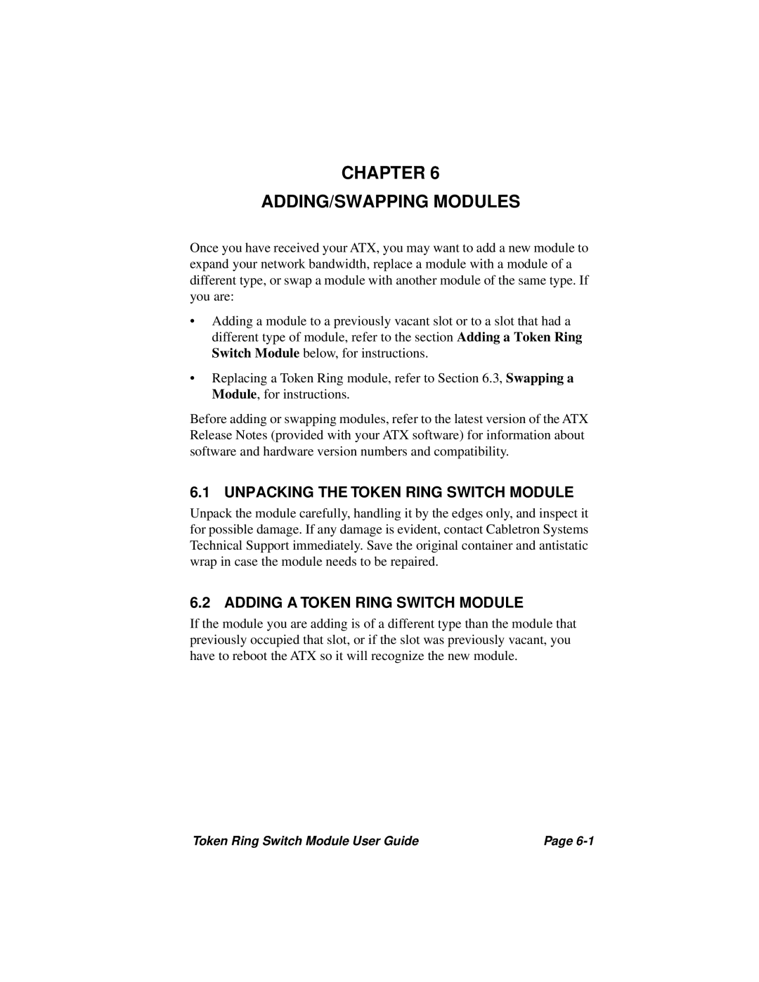 Cabletron Systems 3T02-04 manual Chapter Adding/Swapping Modules, Unpacking The Token Ring Switch Module 