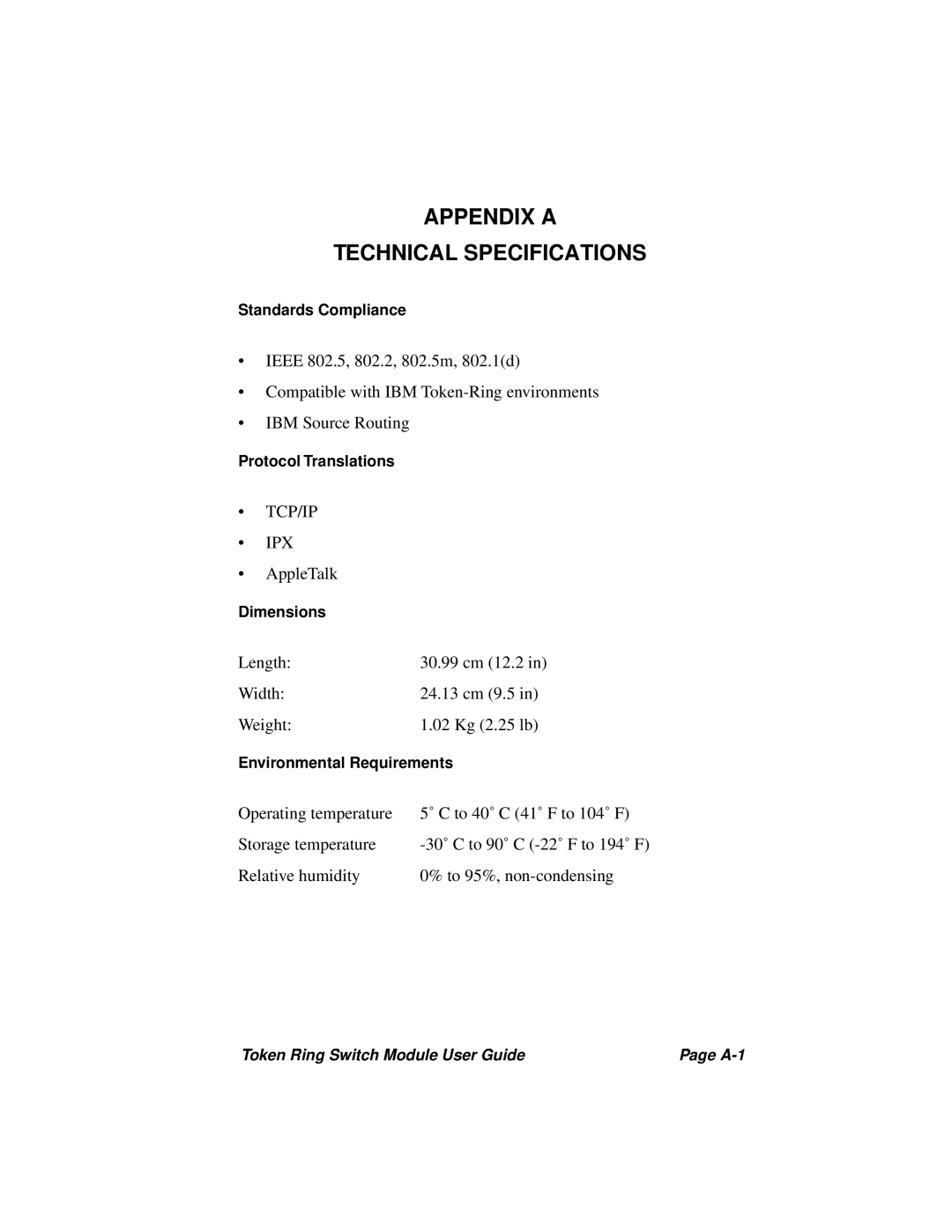 Cabletron Systems 3T02-04 manual Appendix A Technical Specifications 