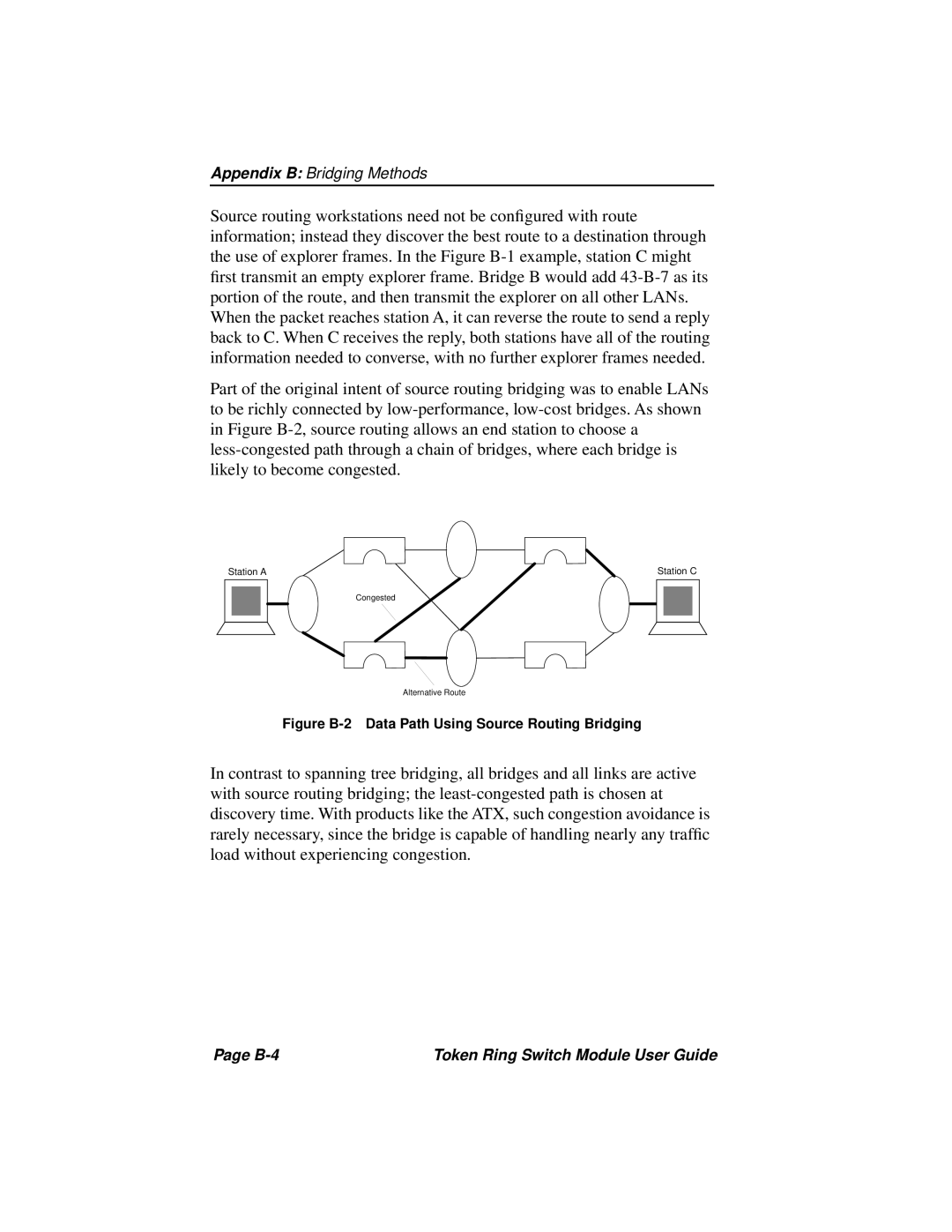 Cabletron Systems 3T02-04 manual Figure B-2 Data Path Using Source Routing Bridging, Station A, Station C 