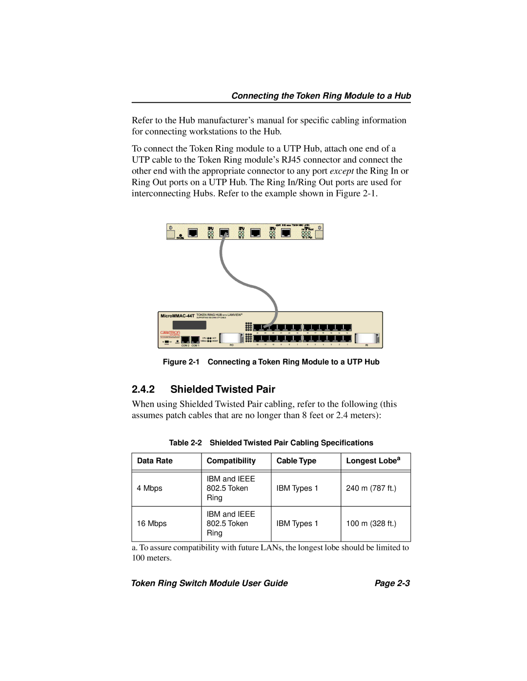 Cabletron Systems 3T02-04 manual Shielded Twisted Pair, Connecting a Token Ring Module to a UTP Hub 