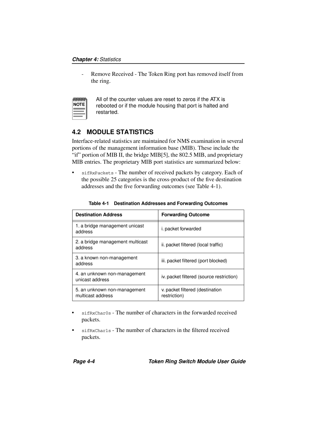 Cabletron Systems 3T02-04 manual Module Statistics, Destination Addresses and Forwarding Outcomes 