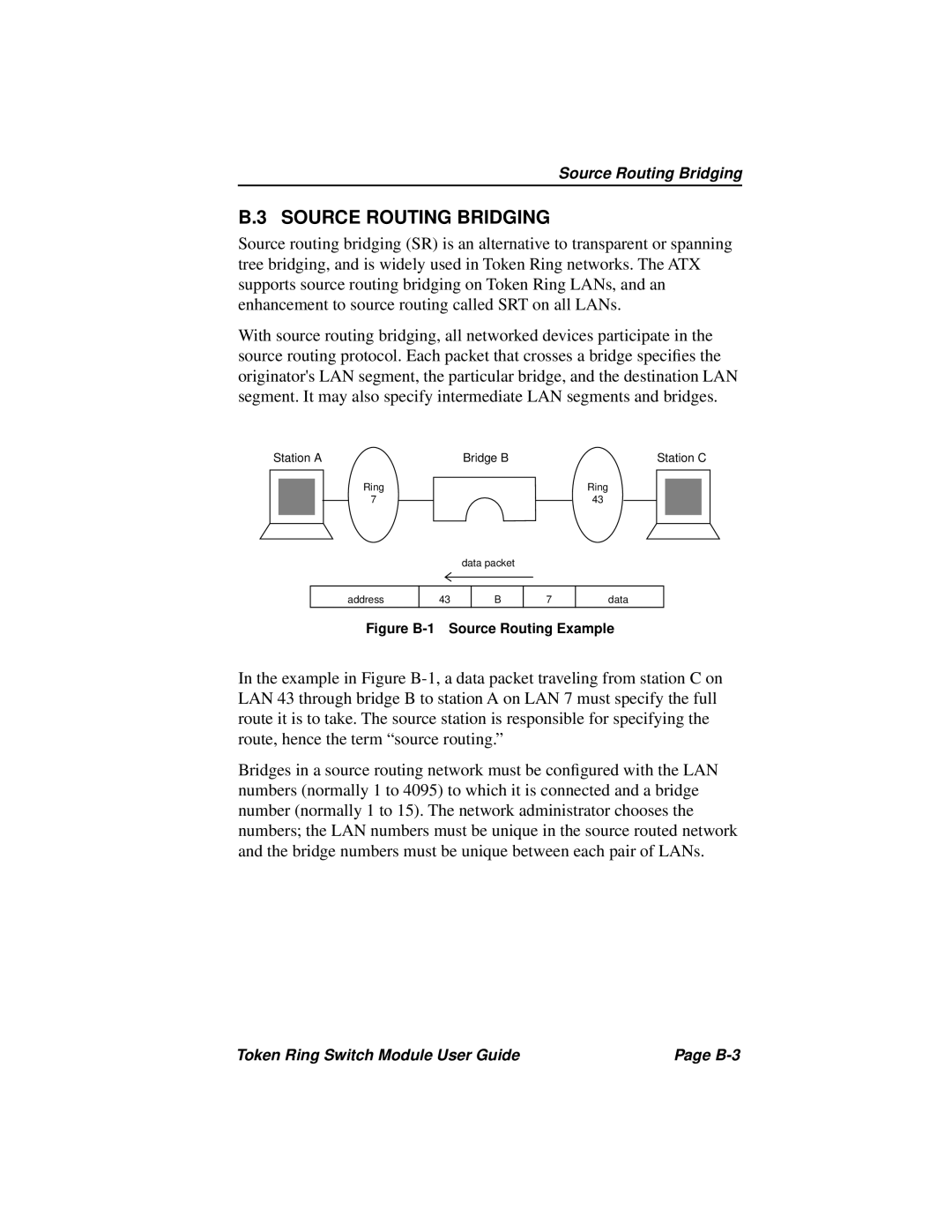 Cabletron Systems 3T02-04 manual Source Routing Bridging, Figure B-1 Source Routing Example 