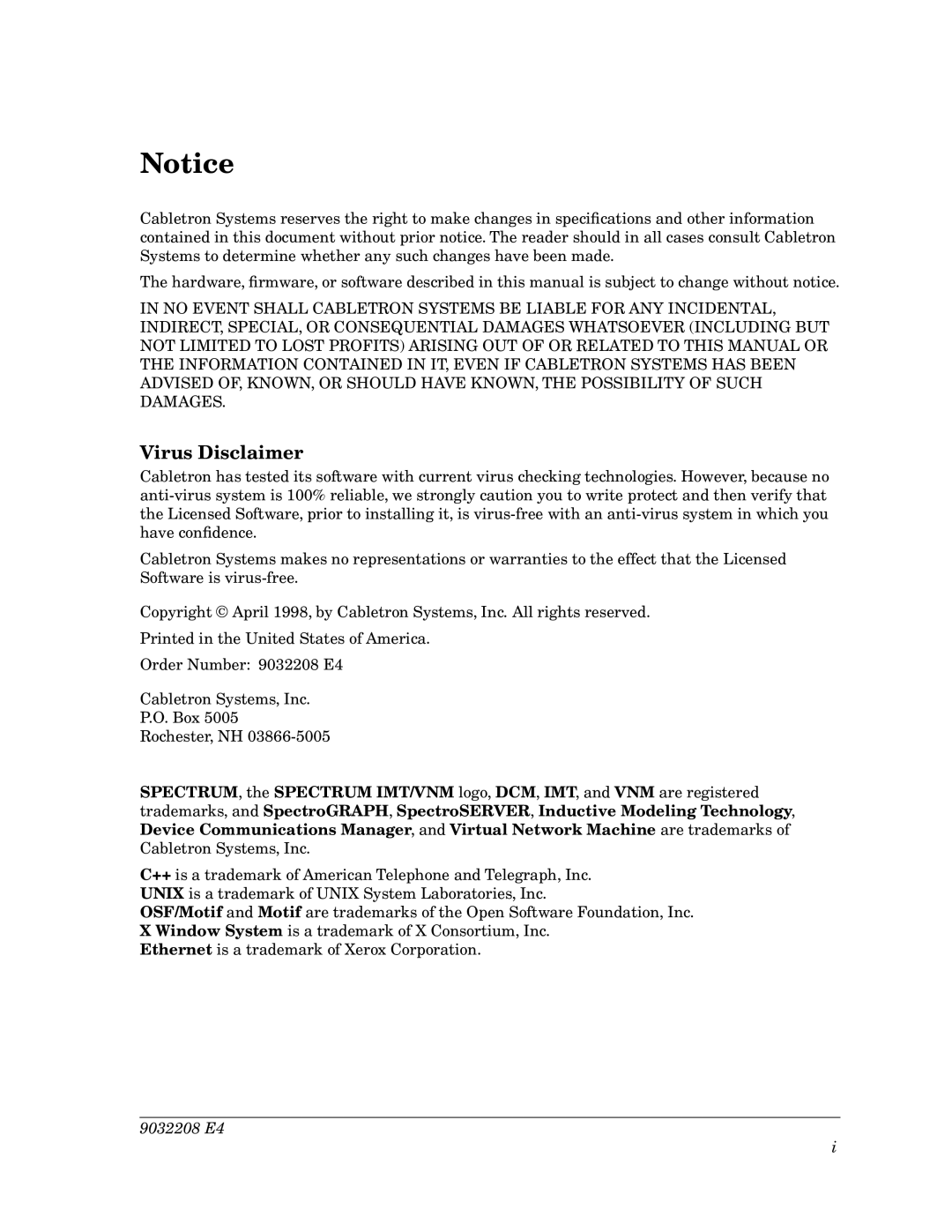 Cabletron Systems 5000, 5500 manual Virus Disclaimer 