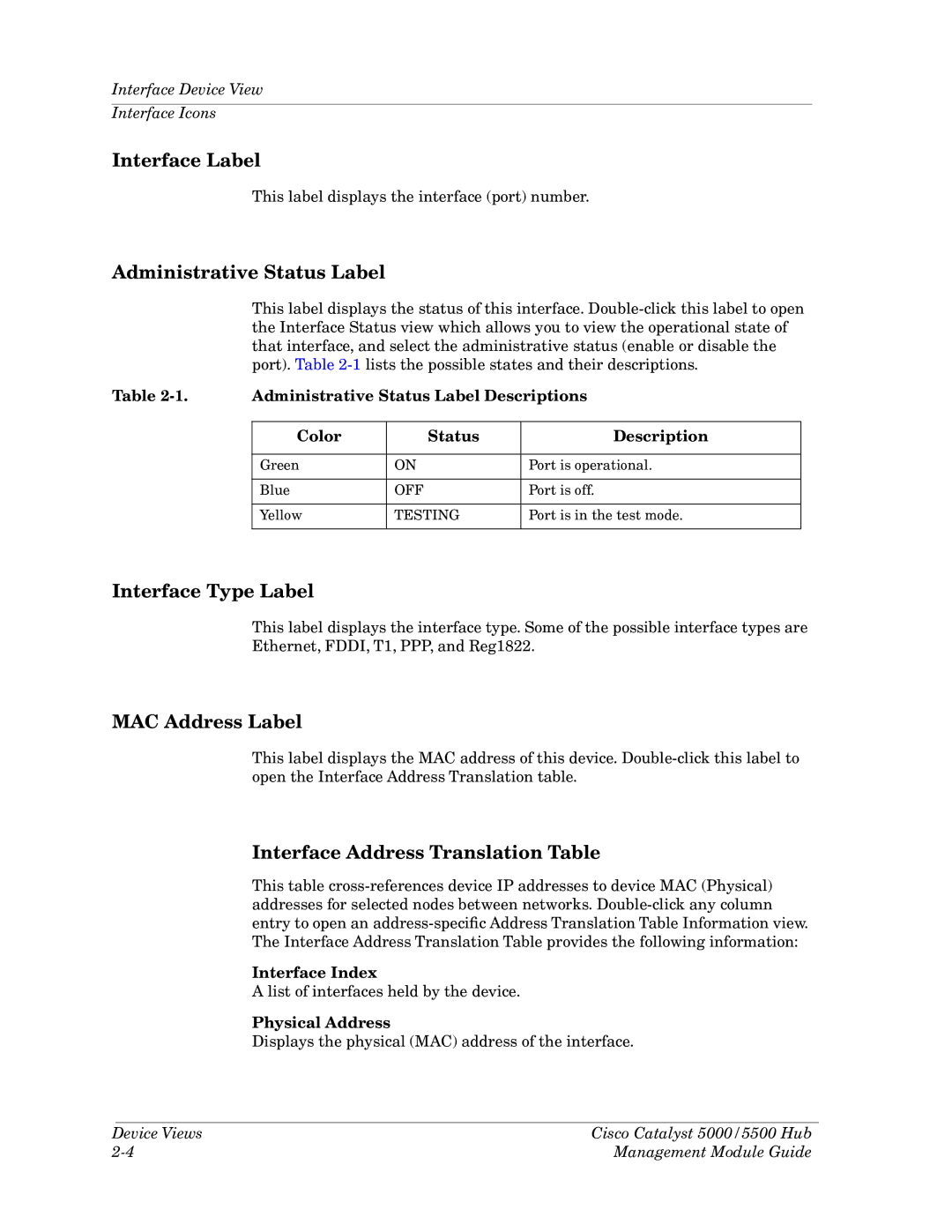 Cabletron Systems 5000, 5500 Interface Label, Administrative Status Label, Interface Type Label, MAC Address Label 