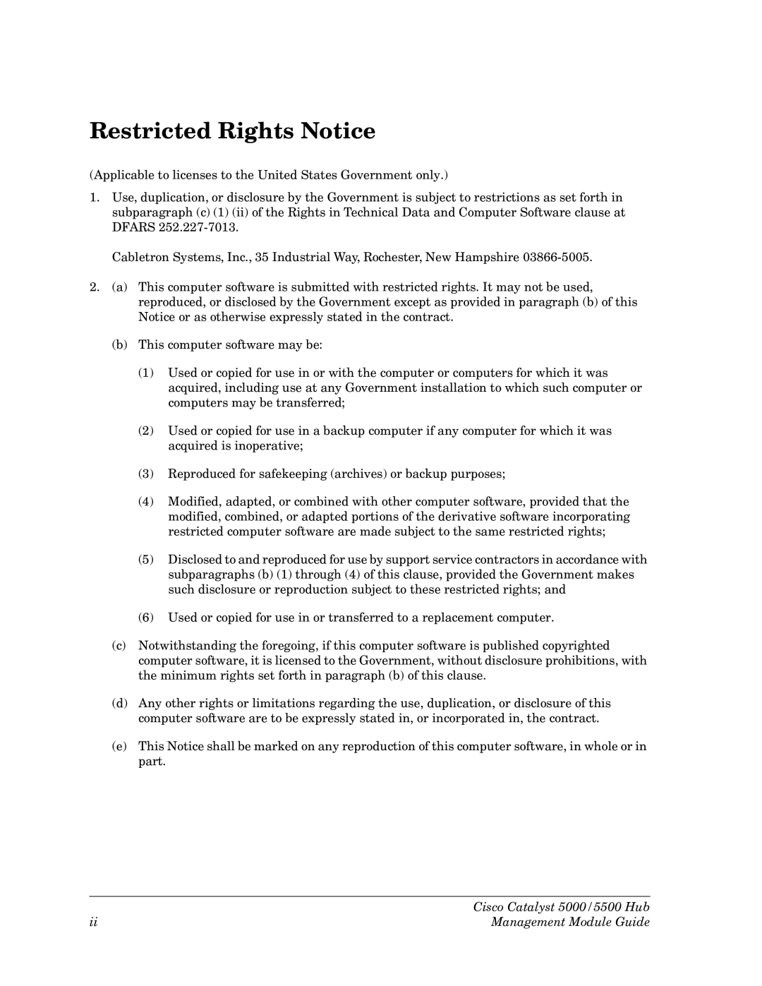 Cabletron Systems 5000, 5500 manual Restricted Rights Notice 