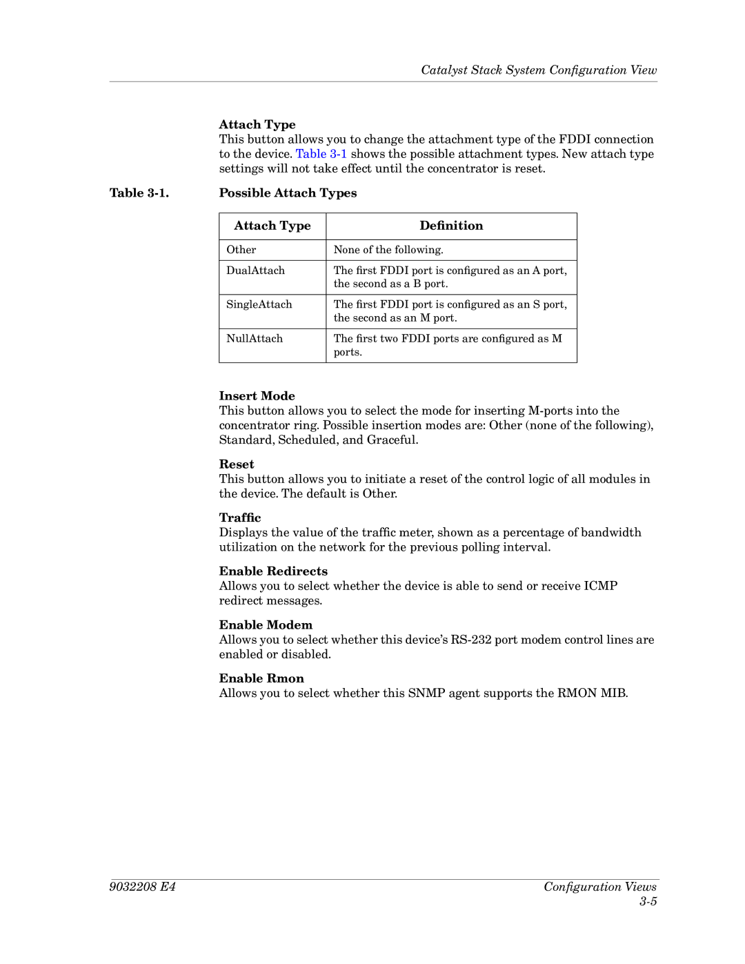 Cabletron Systems 5000, 5500 Possible Attach Types DeÞnition, Insert Mode, TrafÞc, Enable Redirects, Enable Modem 