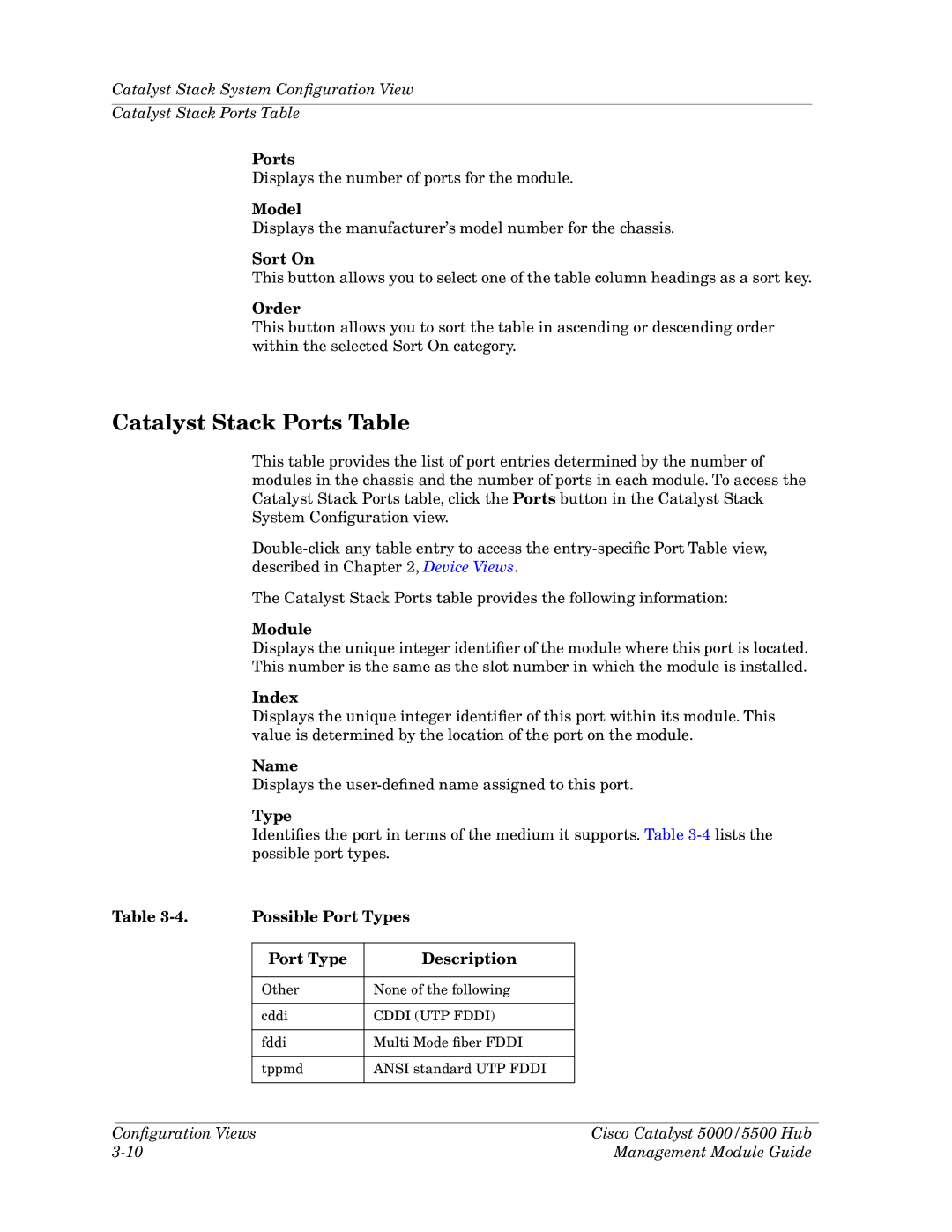 Cabletron Systems 5000, 5500 manual Catalyst Stack Ports Table, Sort On, Order, Possible Port Types Description 