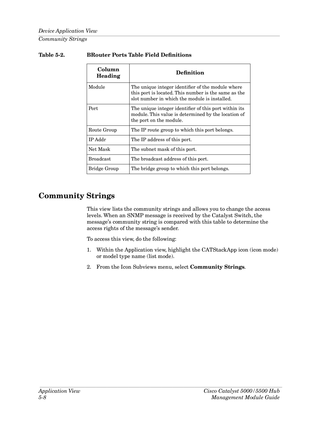 Cabletron Systems 5000, 5500 manual Community Strings, BRouter Ports Table Field DeÞnitions, Column DeÞnition Heading 