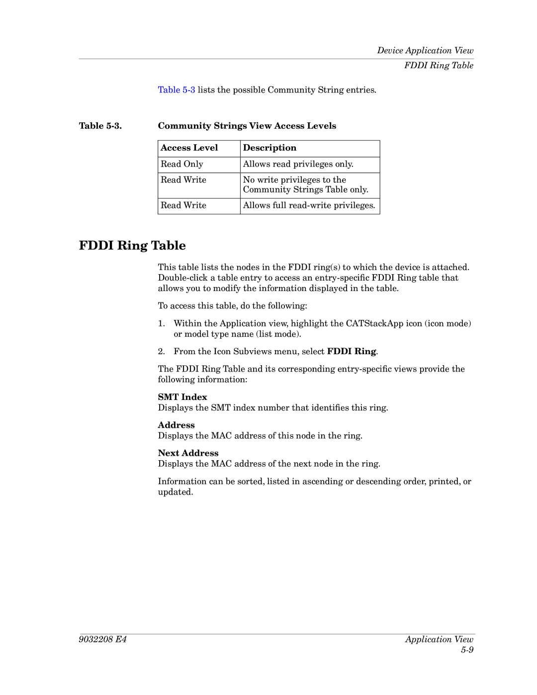 Cabletron Systems 5000, 5500 manual Fddi Ring Table, Community Strings View Access Levels Description, SMT Index, Address 