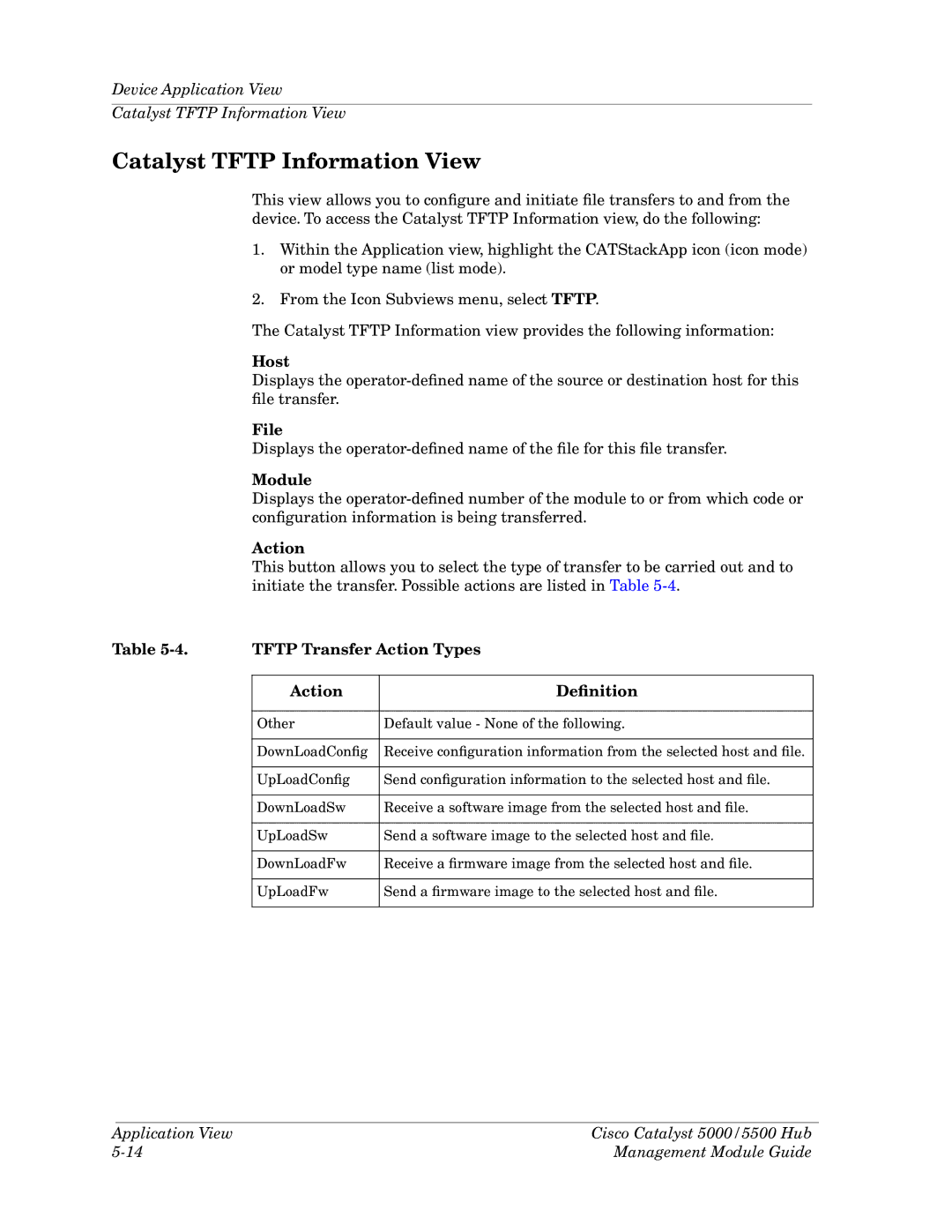 Cabletron Systems 5500 manual Catalyst Tftp Information View, Host, File, Tftp Transfer Action Types, Action DeÞnition 