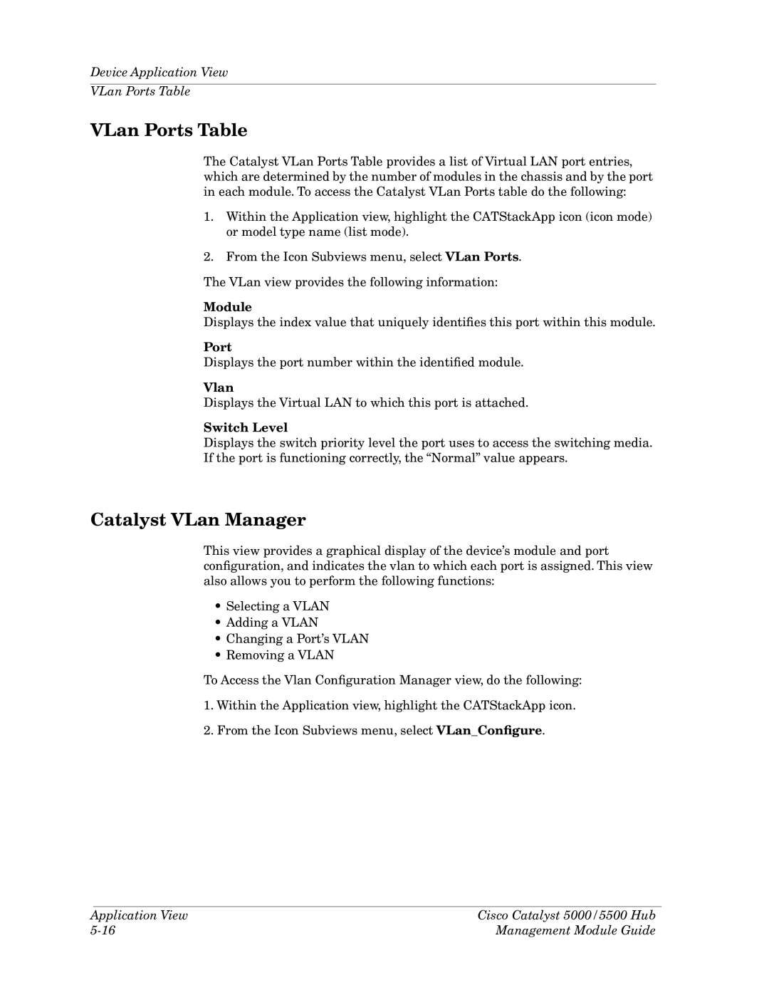 Cabletron Systems 5000, 5500 manual VLan Ports Table, Catalyst VLan Manager, Vlan, Switch Level 