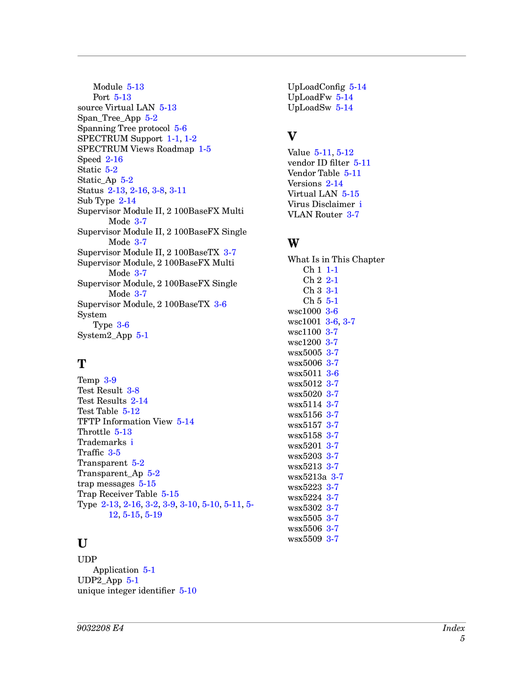 Cabletron Systems 5000, 5500 manual Type 2-13,2-16,3-2,3-9,3-10,5-10,5-11,5- 12, 5-15,5-19 