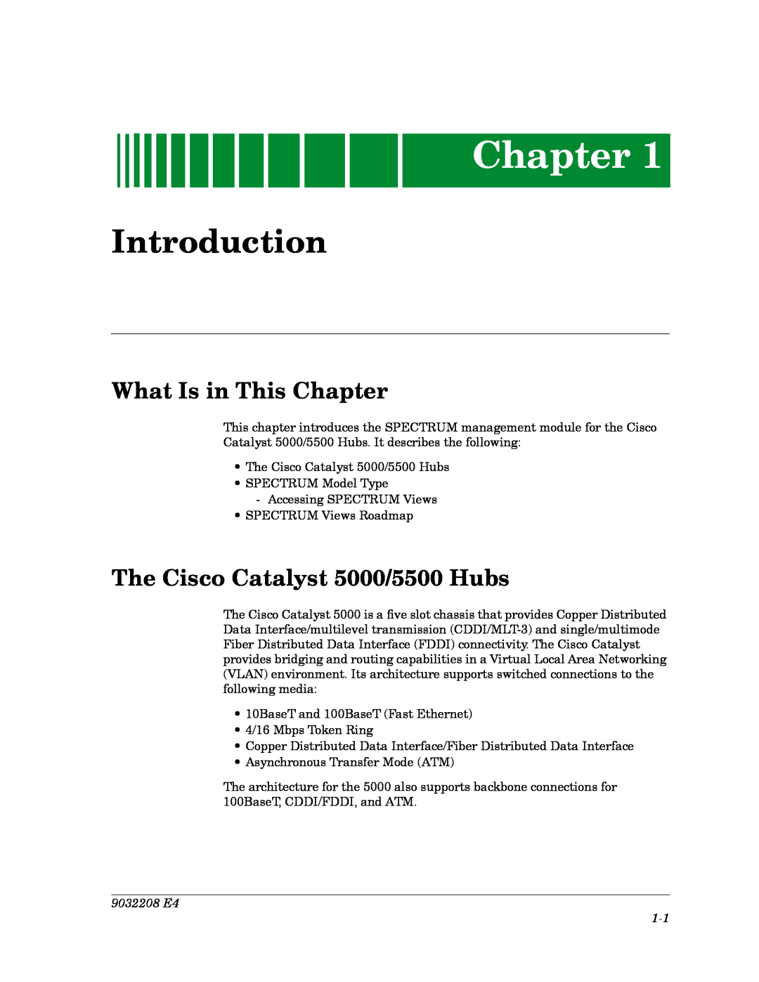 Cabletron Systems 5000, 5500 Introduction, What Is in This Chapter, The Cisco Catalyst 5000/5500 Hubs, 9032208 E4 1-1 