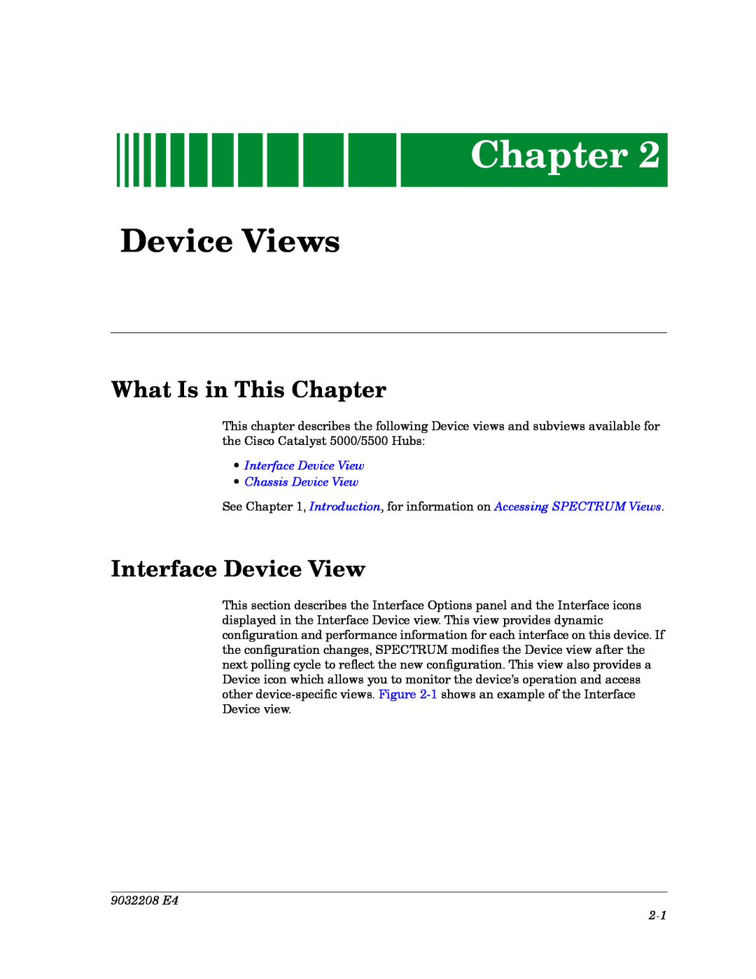 Cabletron Systems 5000, 5500 Device Views, ¥ Interface Device View ¥ Chassis Device View, 9032208 E4 2-1, Chapter 