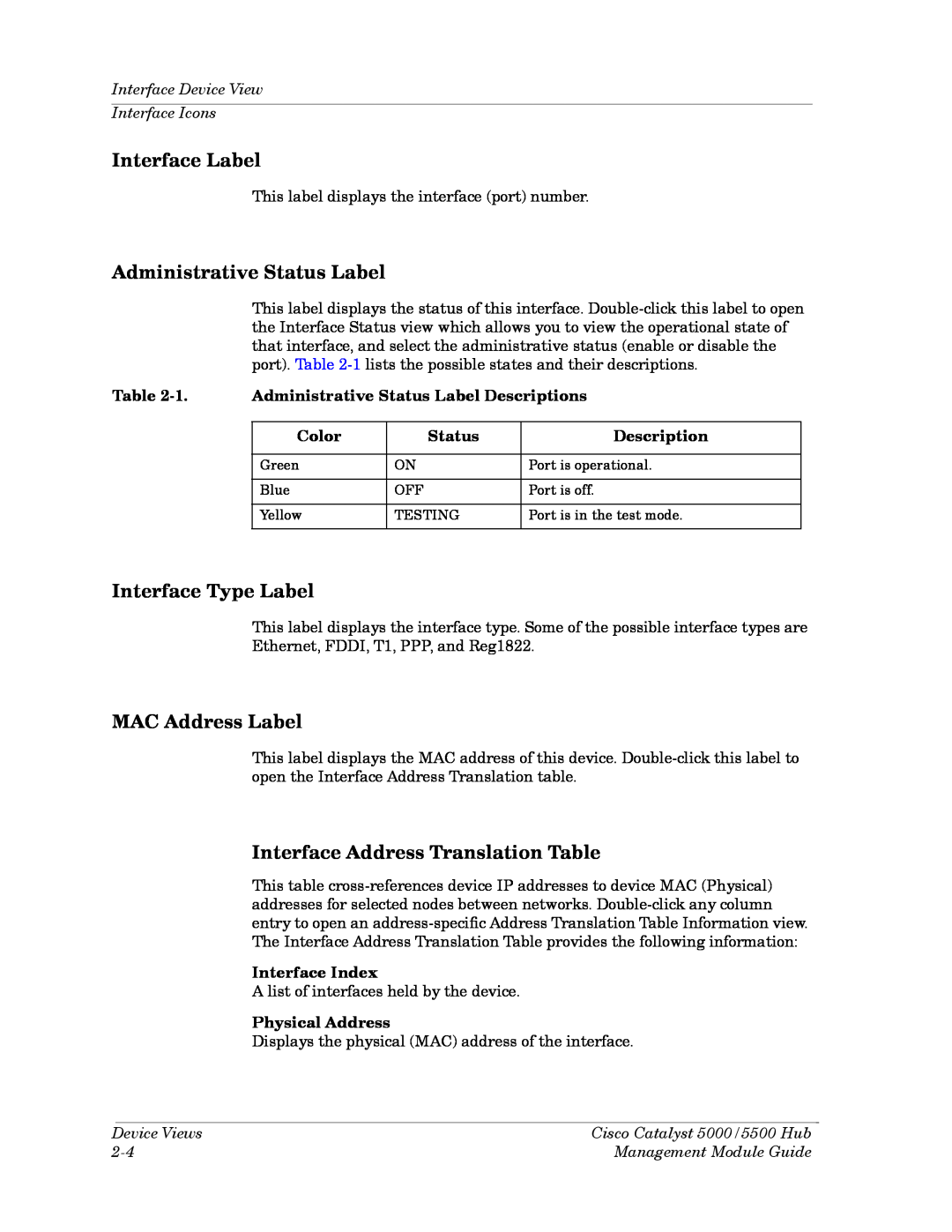 Cabletron Systems 5500 manual Interface Label, Administrative Status Label, Interface Type Label, MAC Address Label, Color 