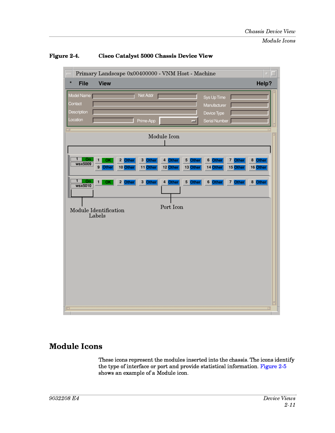 Cabletron Systems 5000, 5500 Chassis Device View Module Icons, 4. Cisco Catalyst 5000 Chassis Device View, File, Help? 