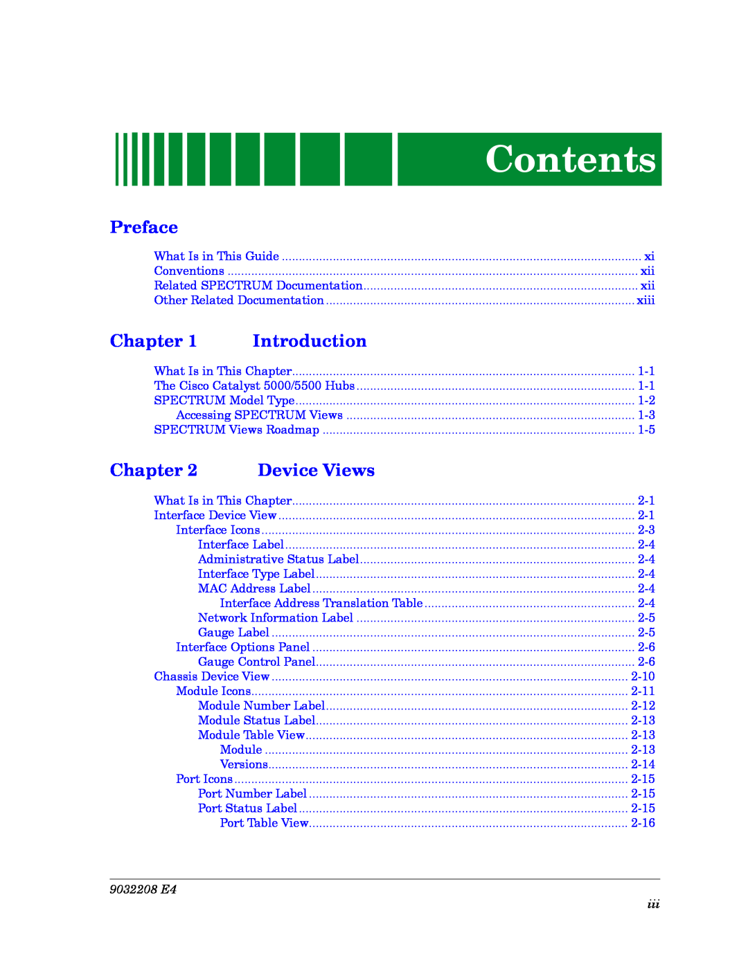 Cabletron Systems 5000, 5500 manual Contents, Preface, Chapter, Introduction, Device Views, 9032208 E4 