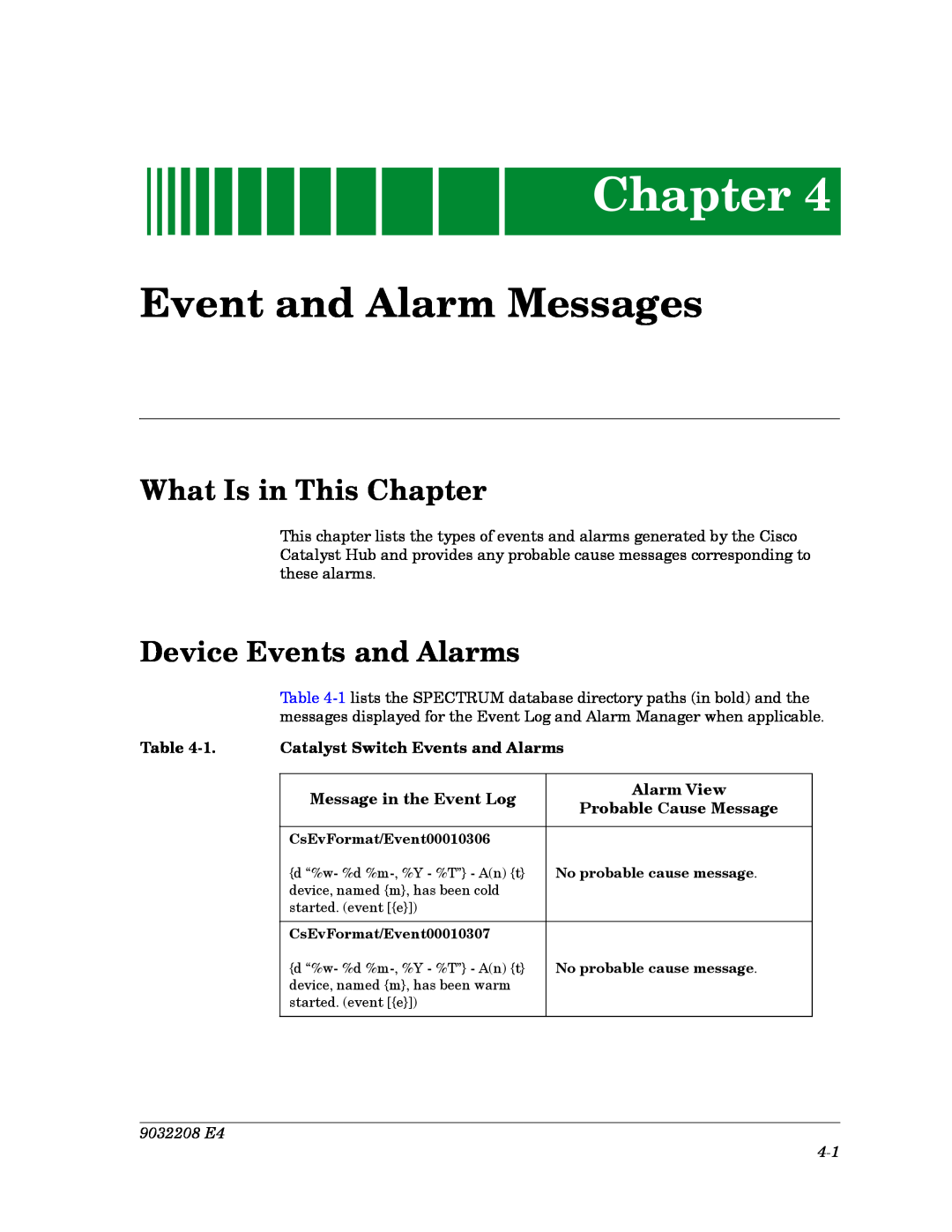 Cabletron Systems 5000, 5500 Event and Alarm Messages, Device Events and Alarms, 1. Catalyst Switch Events and Alarms 
