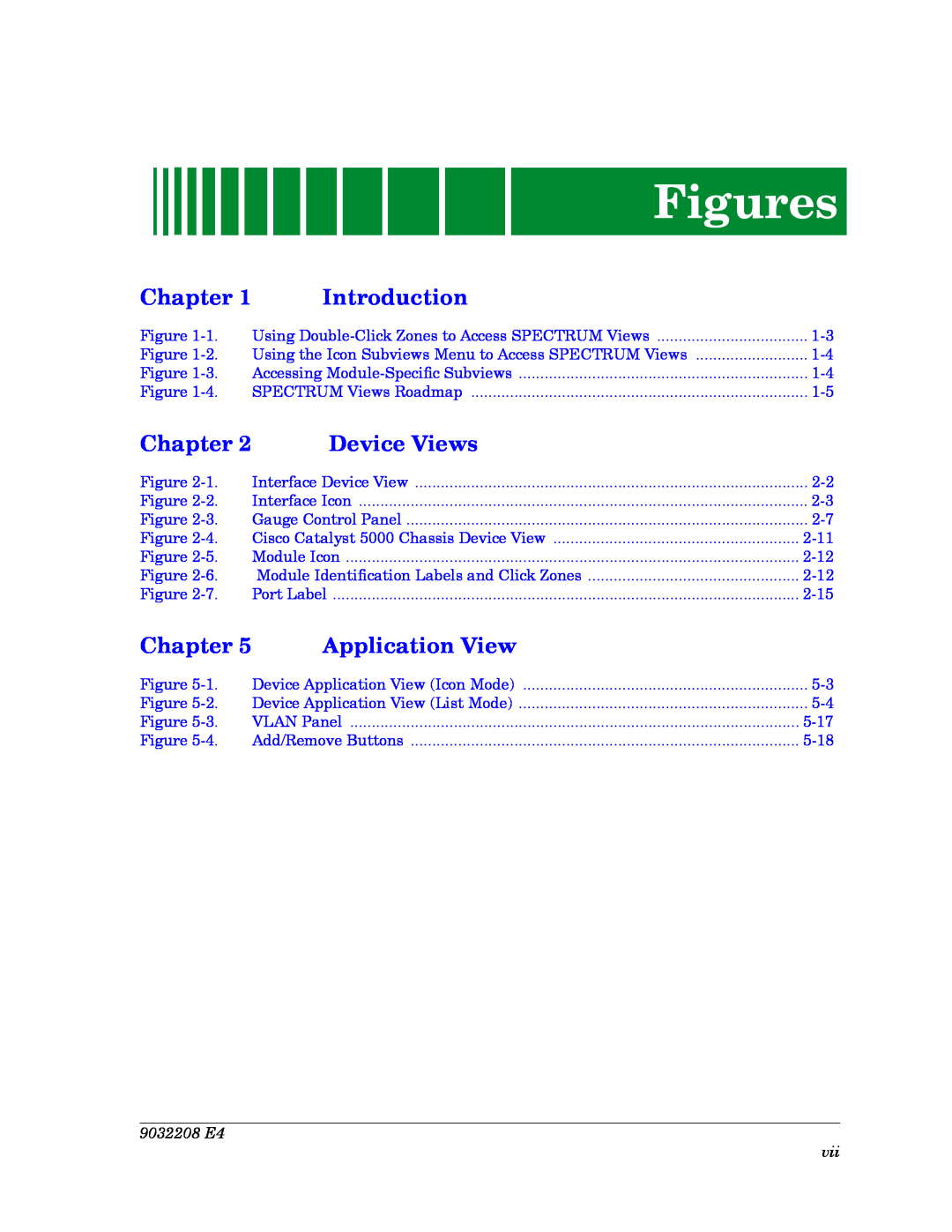 Cabletron Systems 5000, 5500 manual Figures, 9032208 E4 vii, Chapter, Introduction, Device Views, Application View 