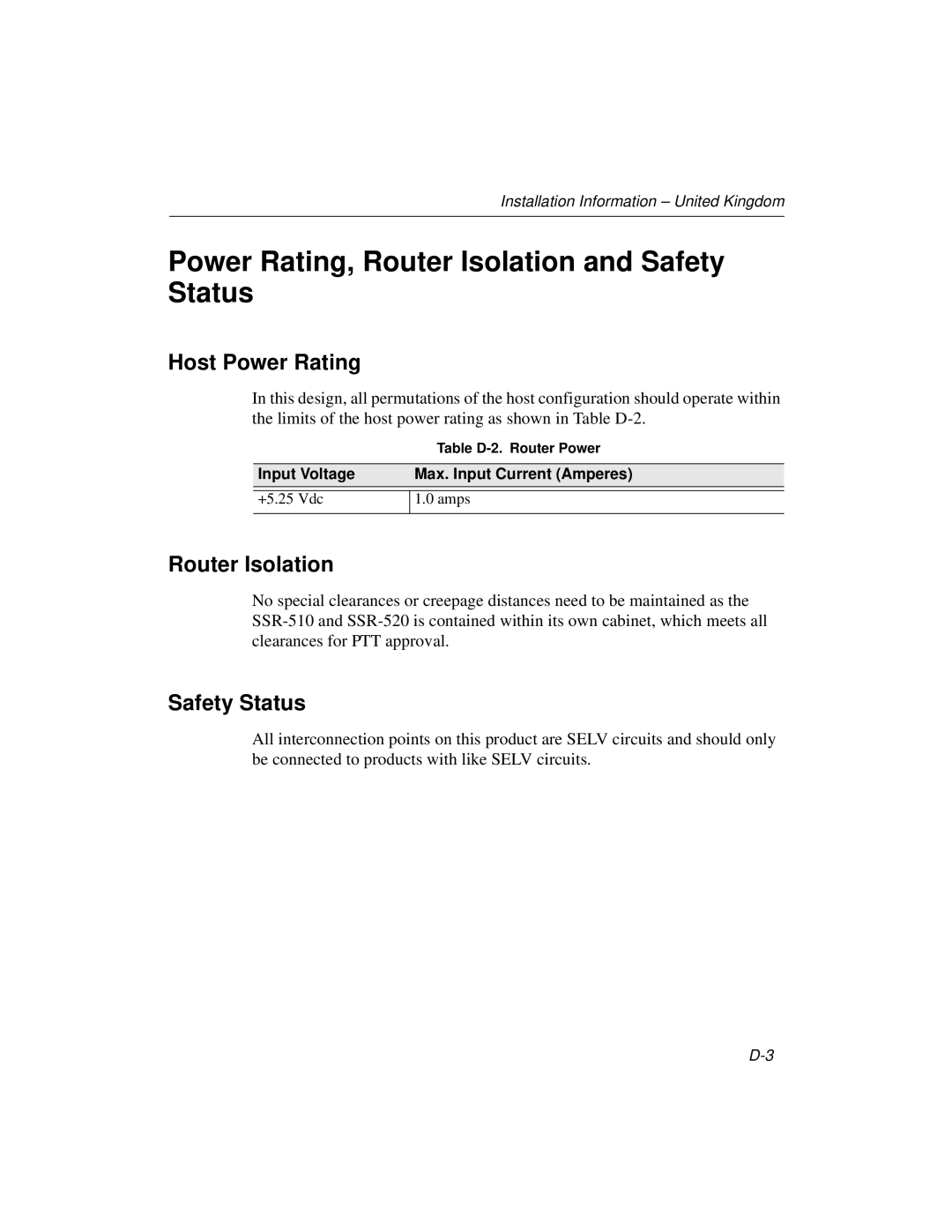 Cabletron Systems 520, 510 manual Power Rating, Router Isolation and Safety Status, Host Power Rating 