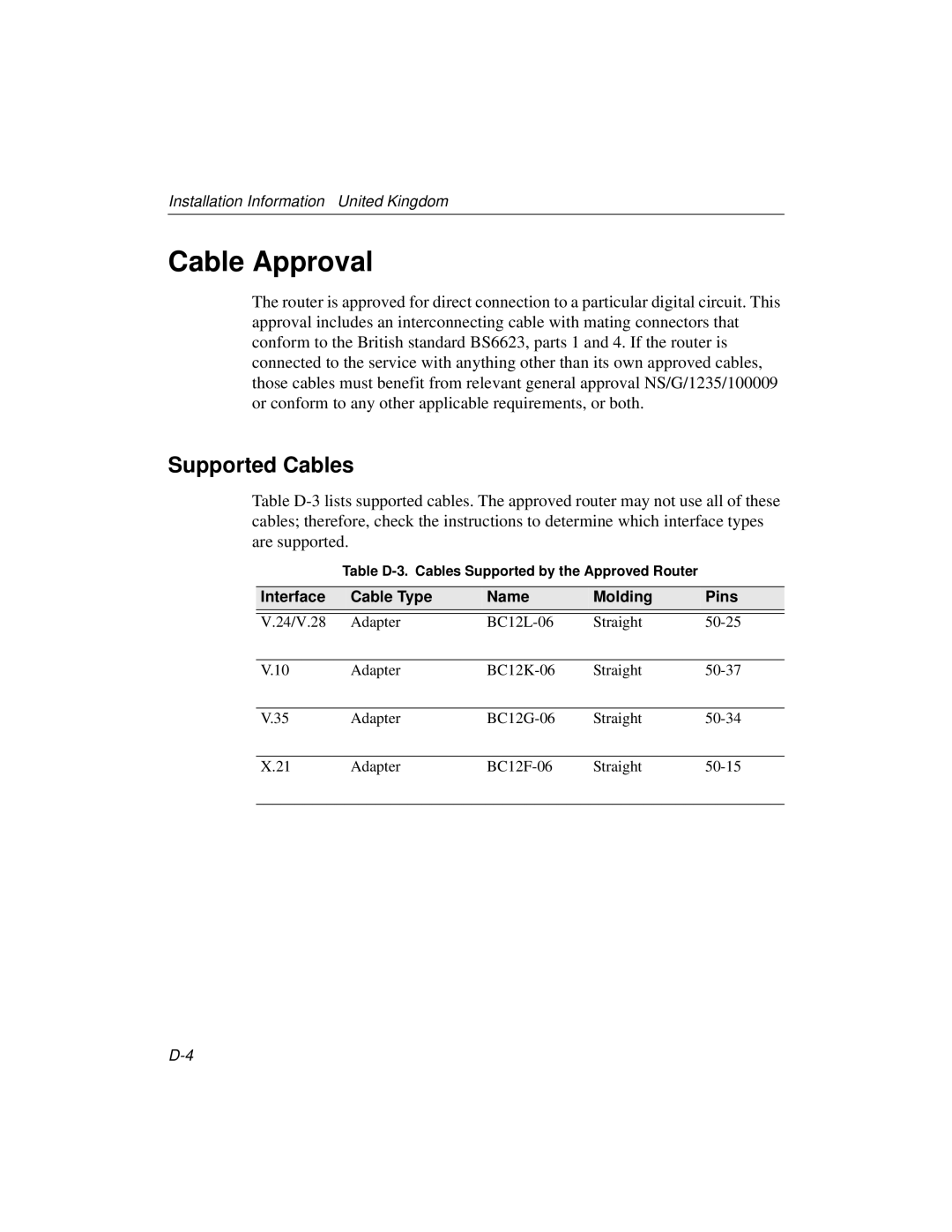 Cabletron Systems 510, 520 manual Cable Approval, Supported Cables, Interface Cable Type Name Molding Pins 