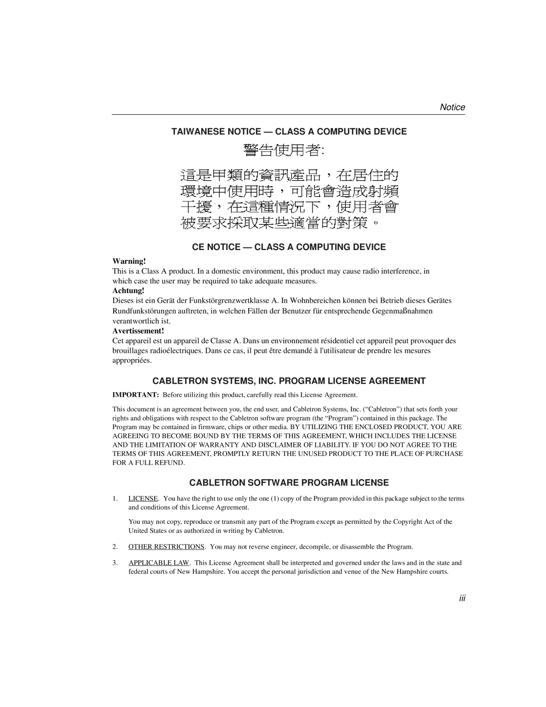 Cabletron Systems 520, 510 manual Cabletron SYSTEMS, INC. Program License Agreement 